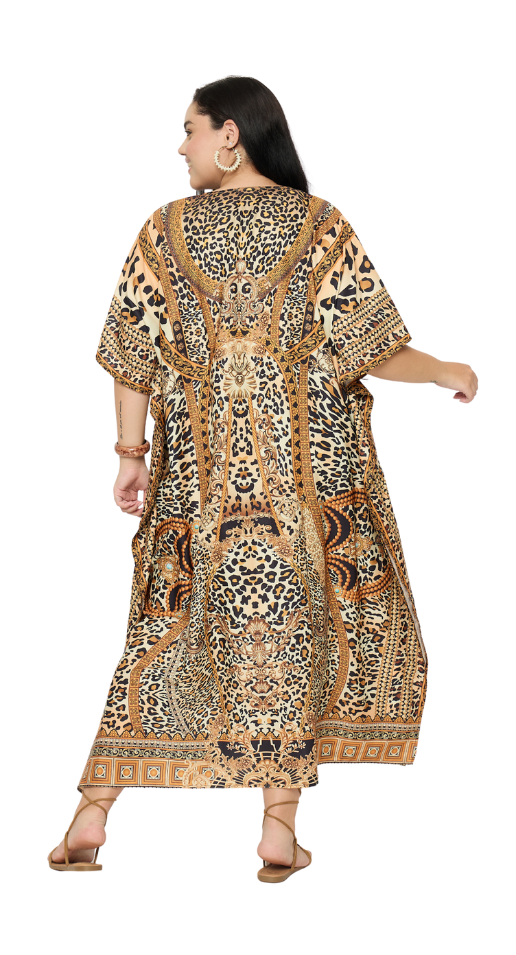 Beige leopard medallion border print polyester plus size kaftan with kimono sleeves — further product view