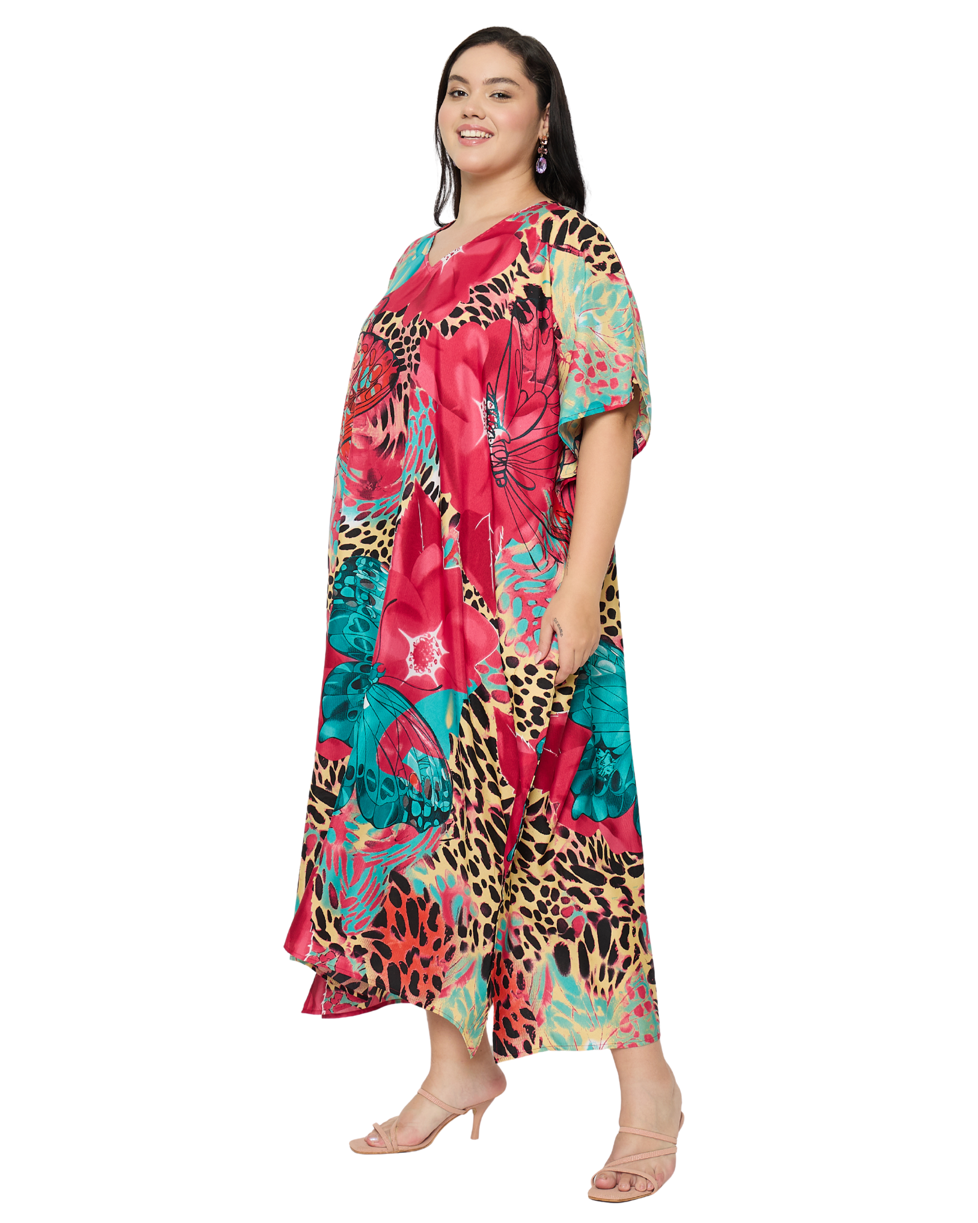 Deep Pink Floral Women Plus Size Kaftan Dress Cover Up