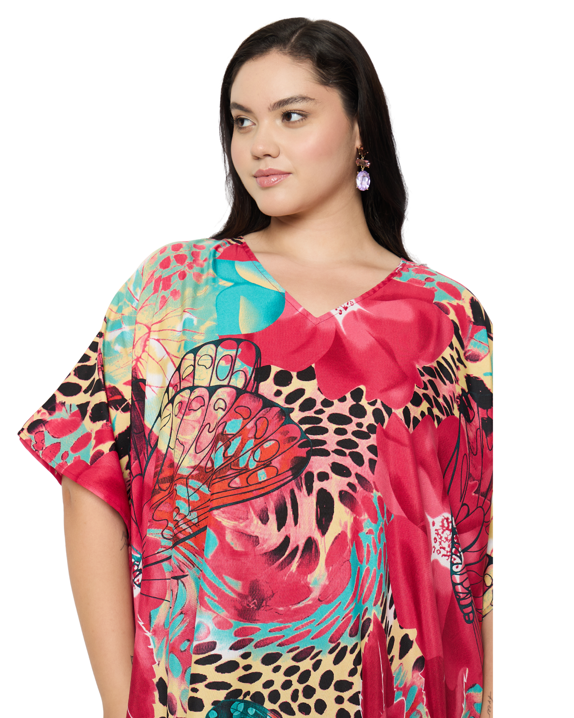 Deep Pink Floral Women Plus Size Kaftan Dress Cover Up