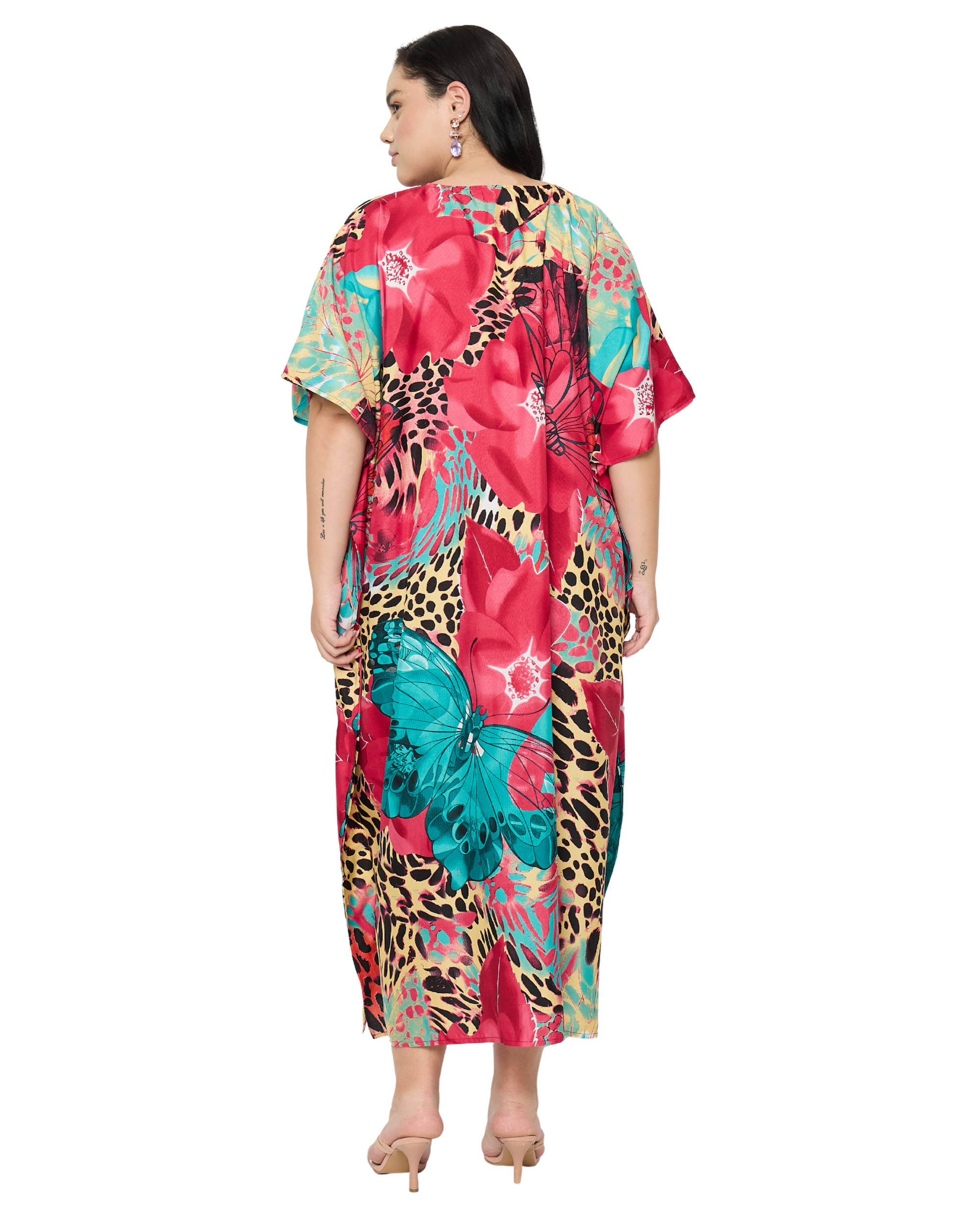 Deep Pink Floral Women Plus Size Kaftan Dress Cover Up