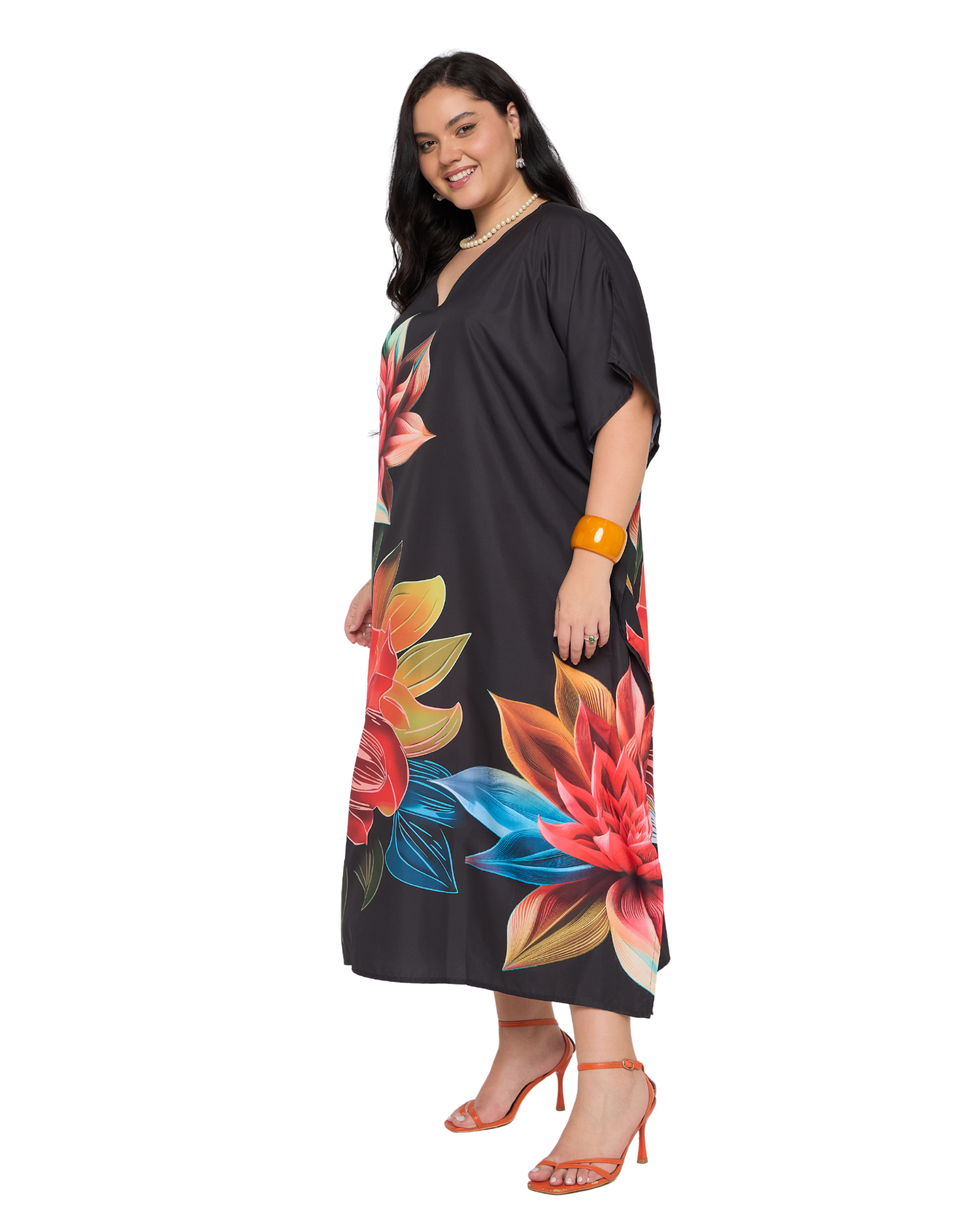 Black Floral Polyester Plus Size Kaftan Dress for Women