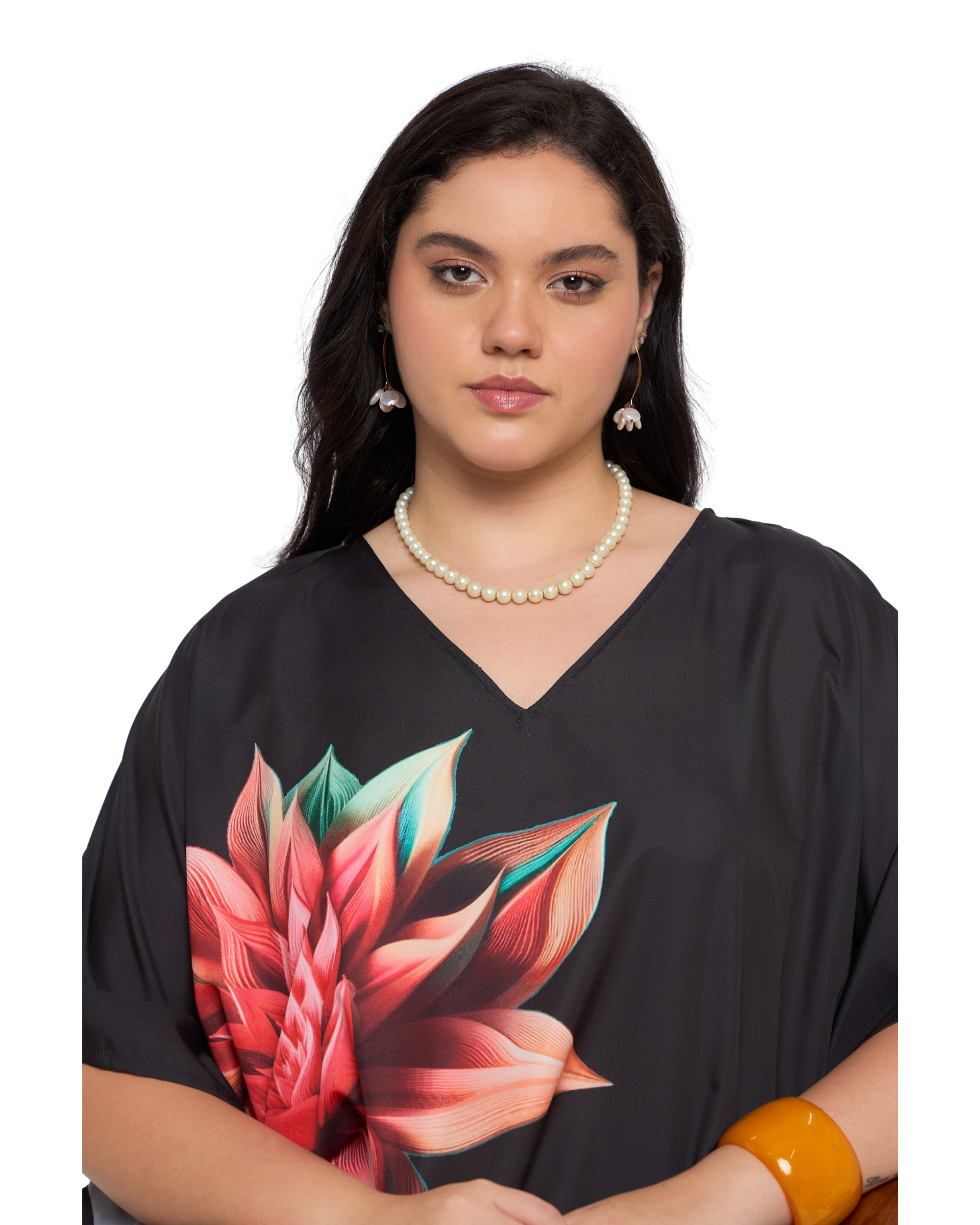 Black Floral Polyester Plus Size Kaftan Dress for Women