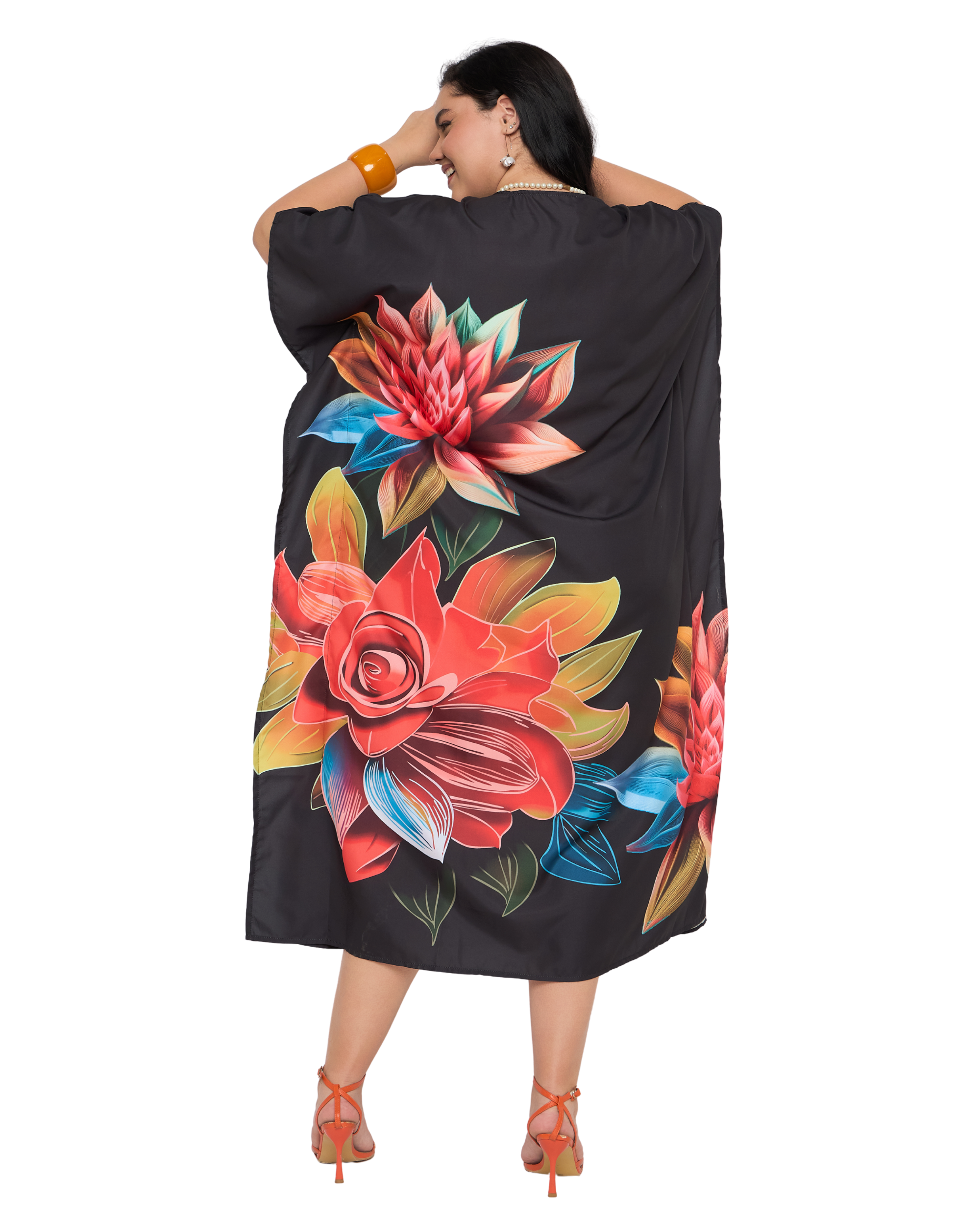 Black Floral Polyester Plus Size Kaftan Dress for Women