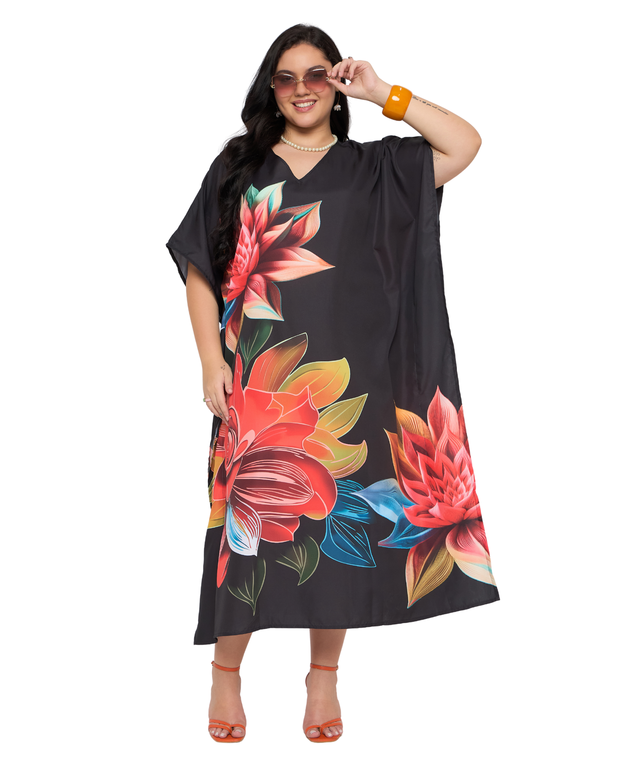 Black Floral Polyester Plus Size Kaftan Dress for Women