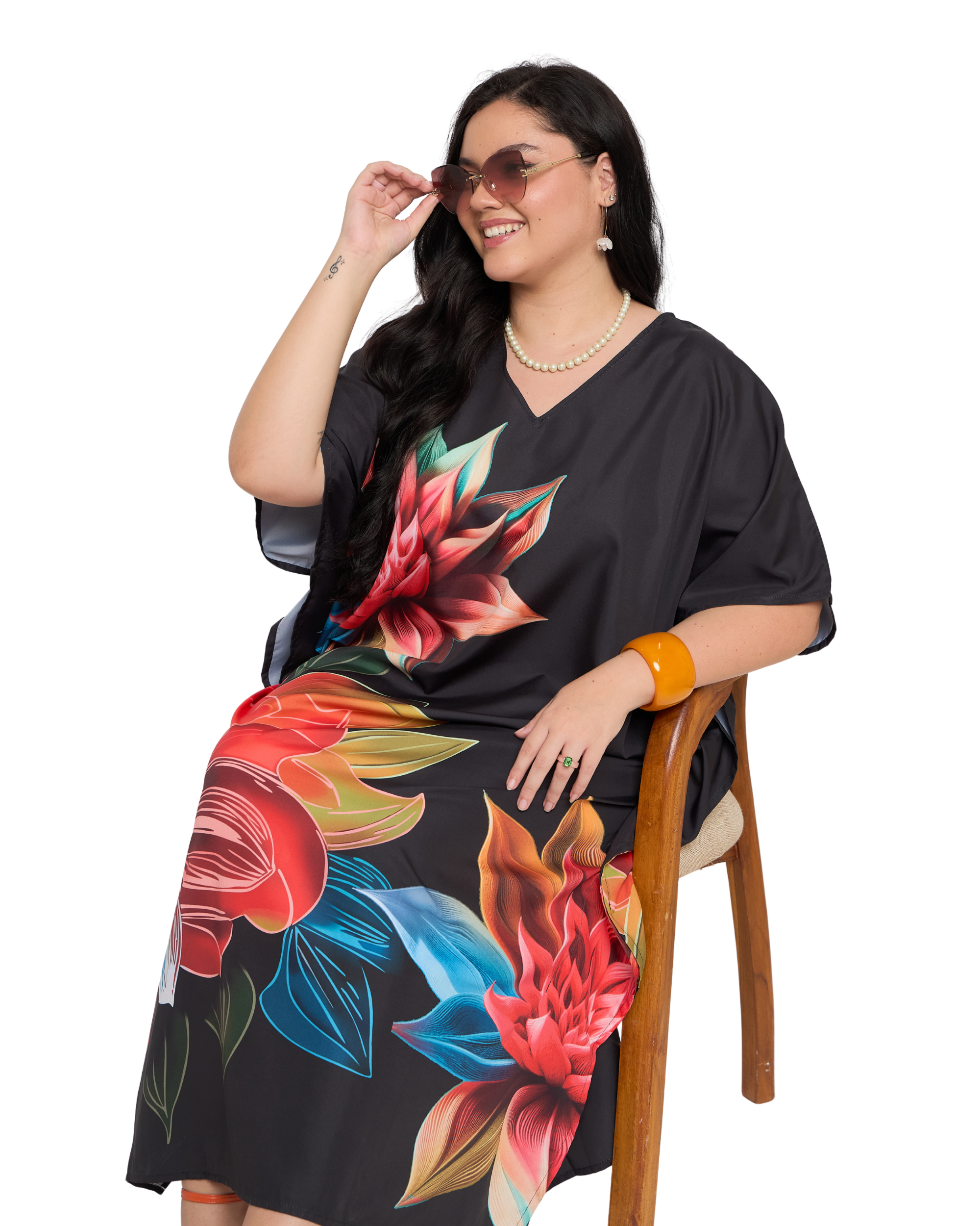 Black Floral Polyester Plus Size Kaftan Dress for Women
