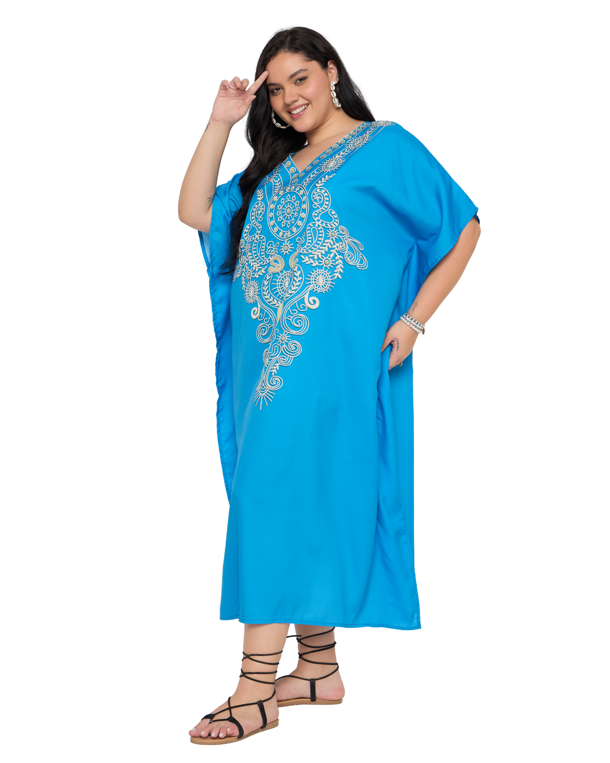 Turquoise Blue Polyester Plus Size Caftan Dress for Women