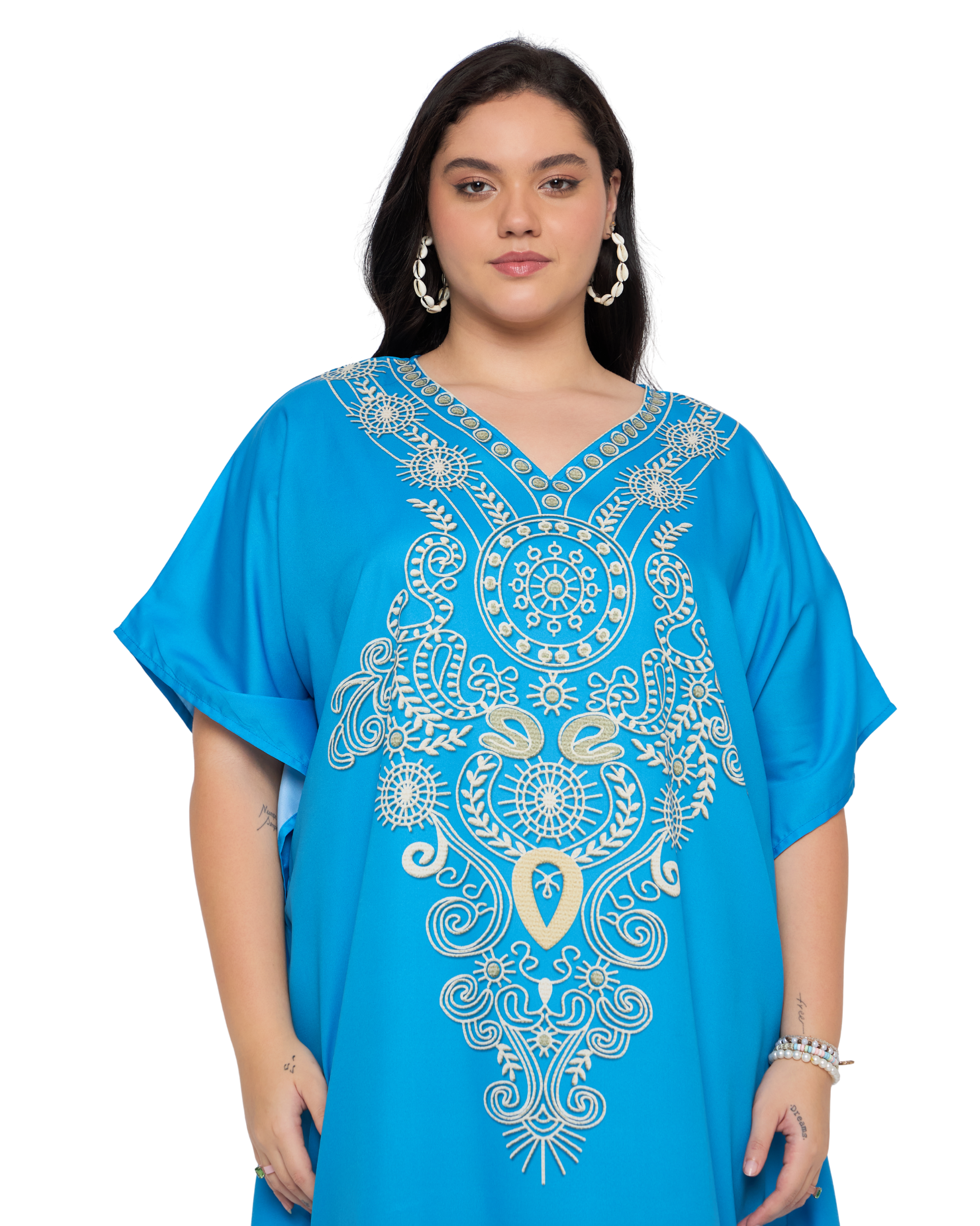 Turquoise Blue Polyester Plus Size Caftan Dress for Women