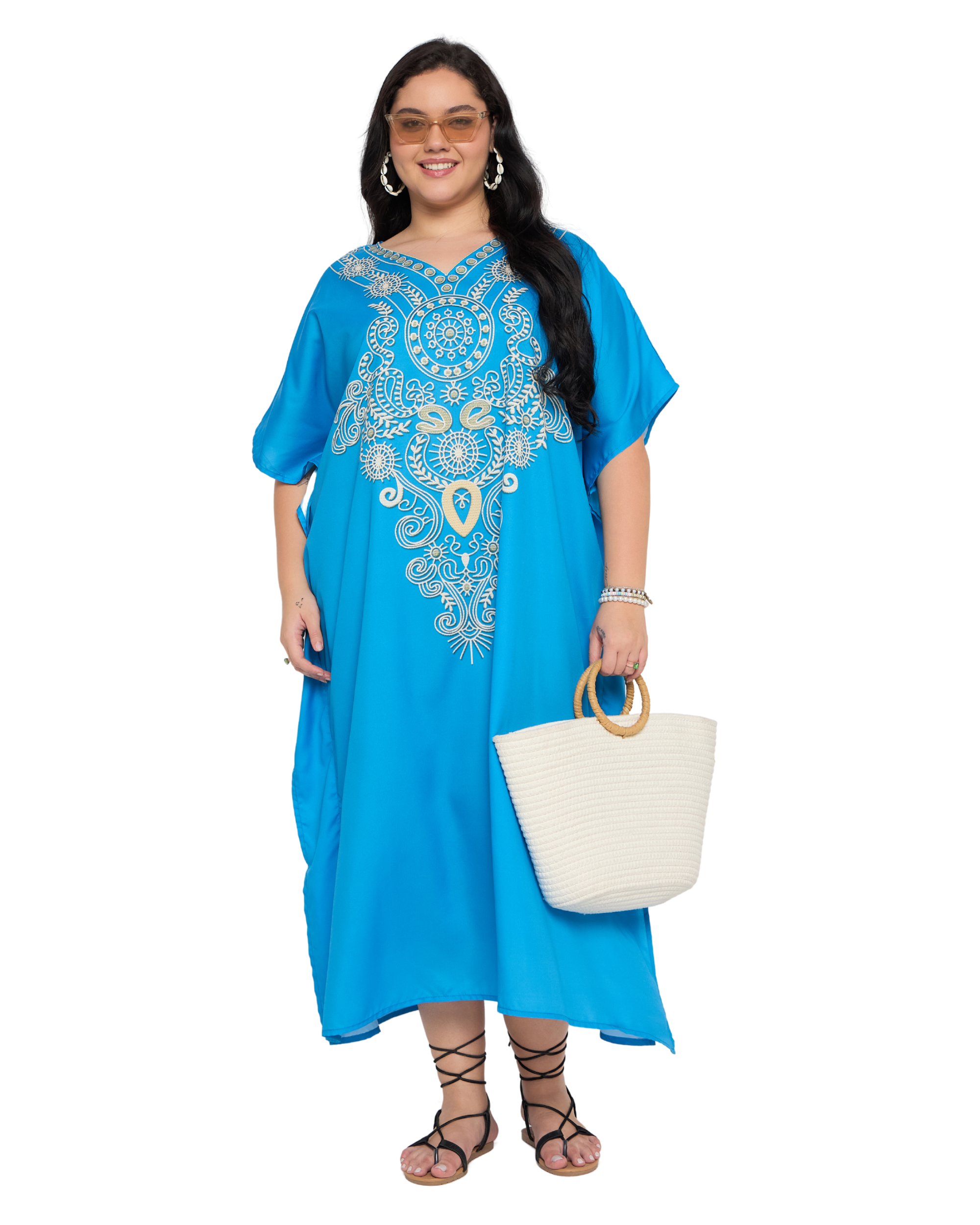 Turquoise Blue Polyester Plus Size Caftan Dress for Women