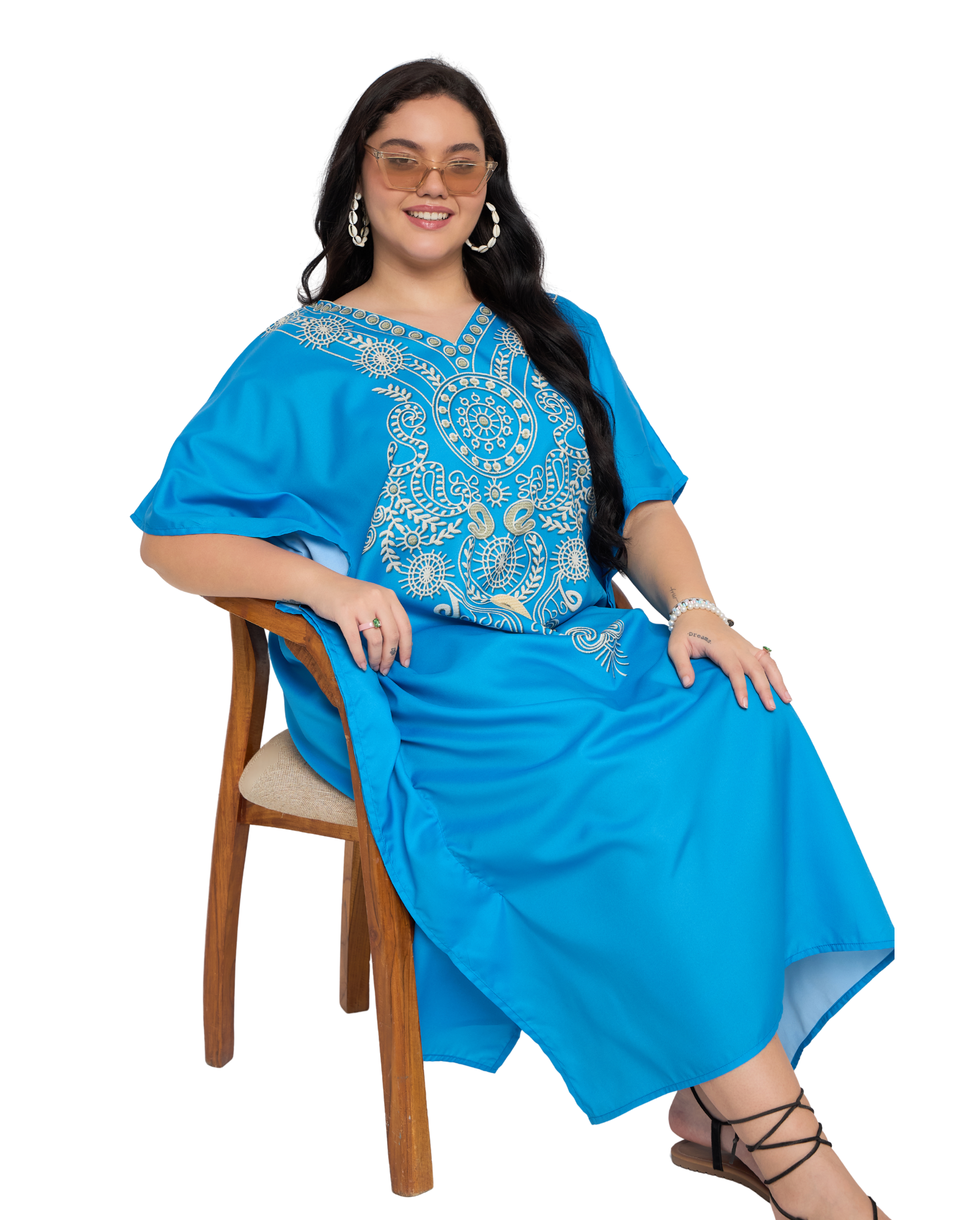 Turquoise Blue Polyester Plus Size Caftan Dress for Women