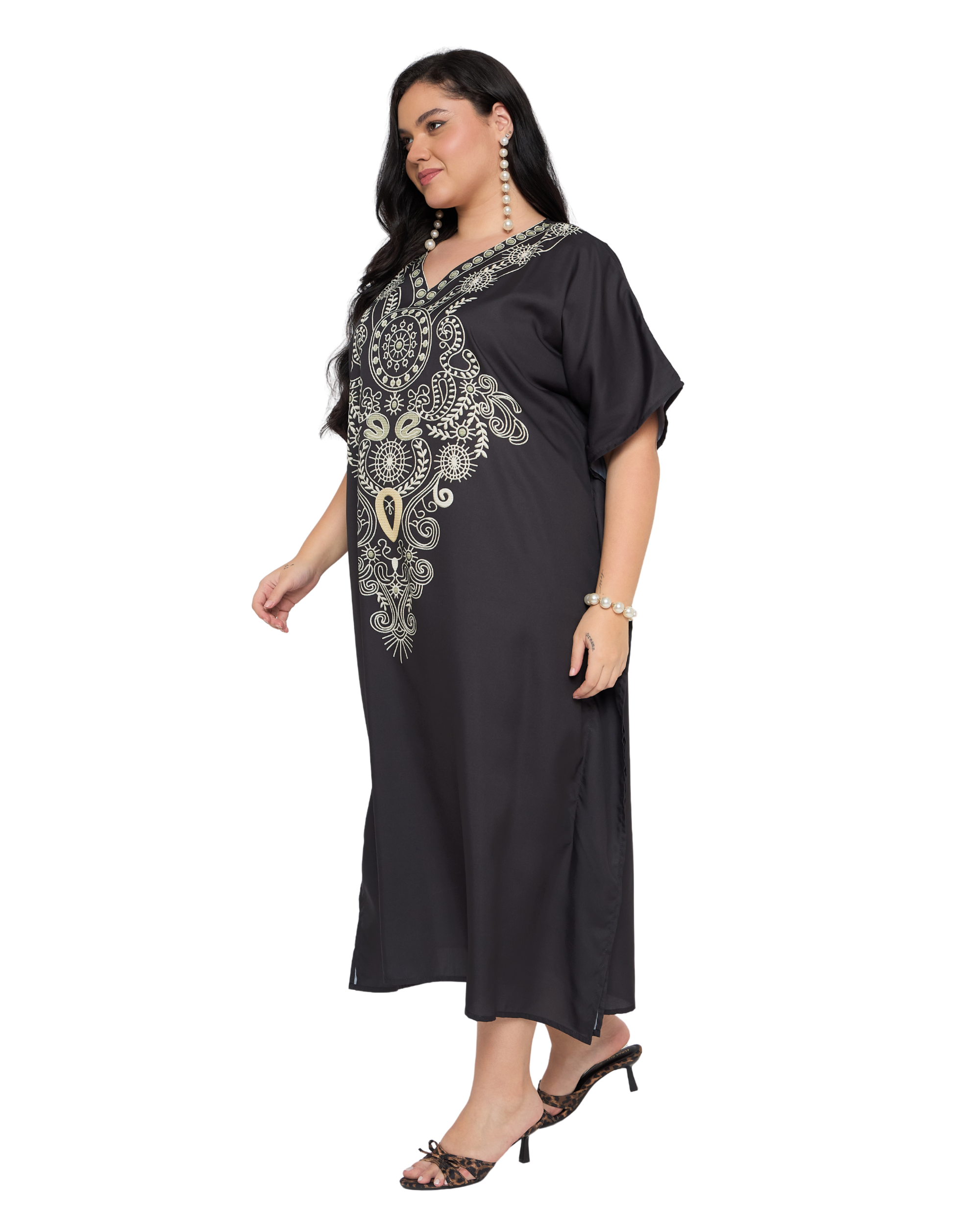 Black Paisley Polyester Plus Size Kaftan Dress for Women