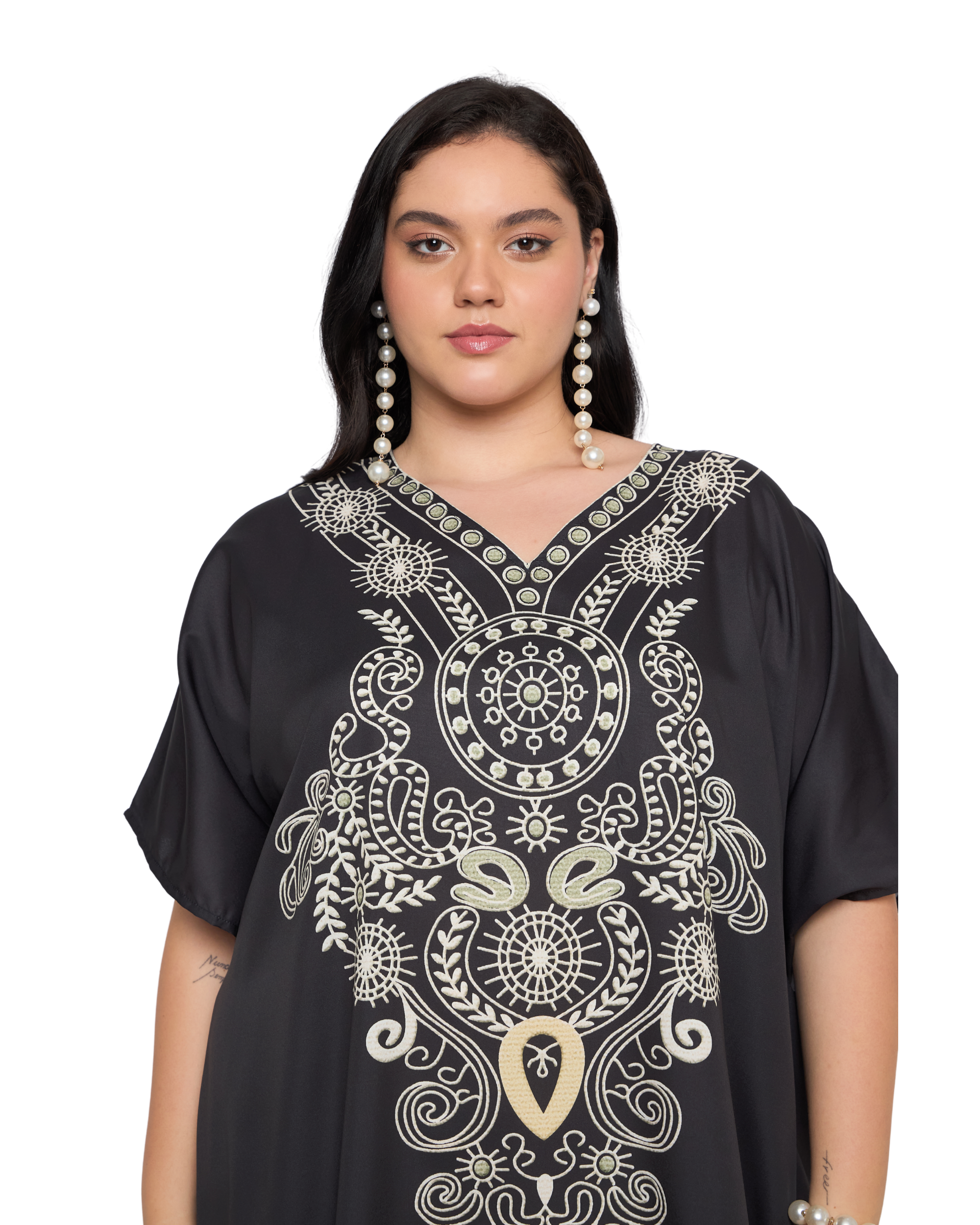 Black Paisley Polyester Plus Size Kaftan Dress for Women