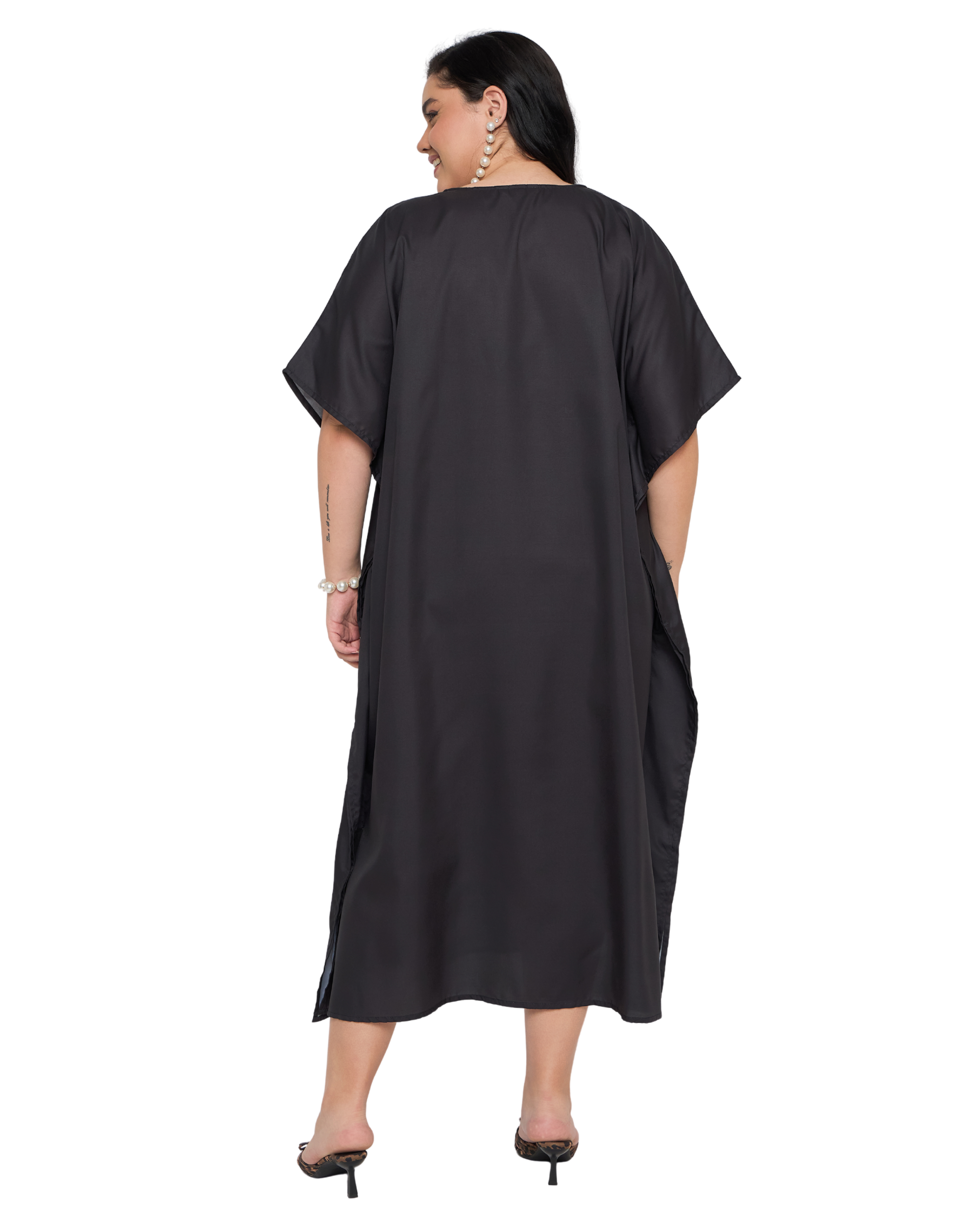 Black Paisley Polyester Plus Size Kaftan Dress for Women