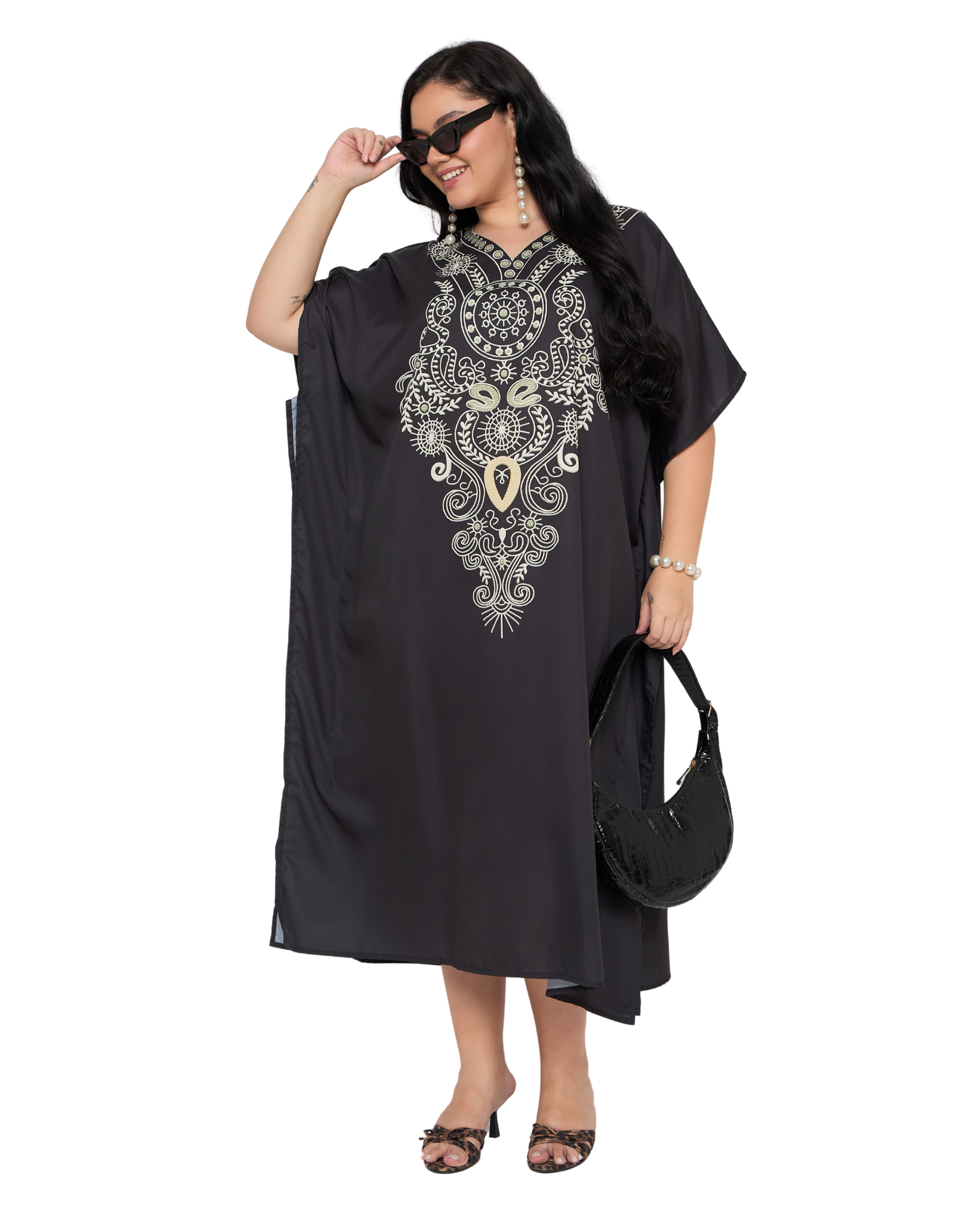 Black Paisley Polyester Plus Size Kaftan Dress for Women