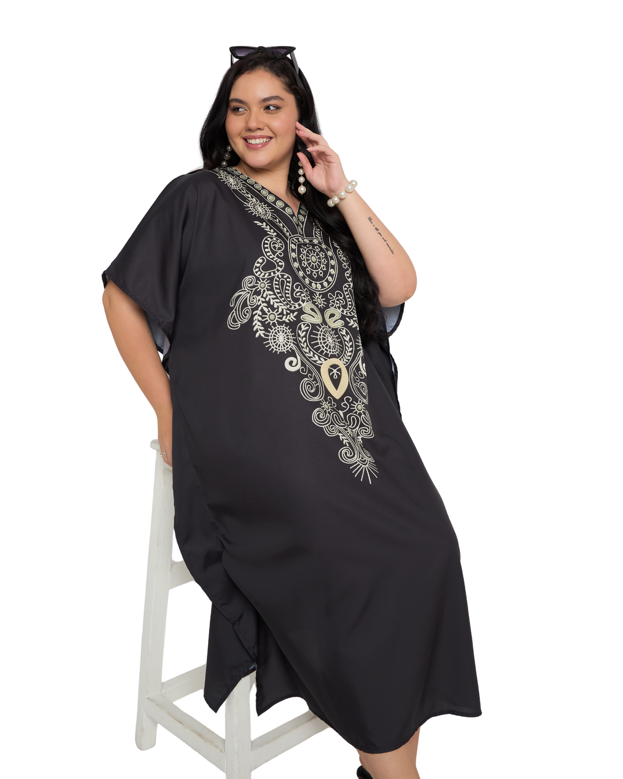 Black Paisley Polyester Plus Size Kaftan Dress for Women