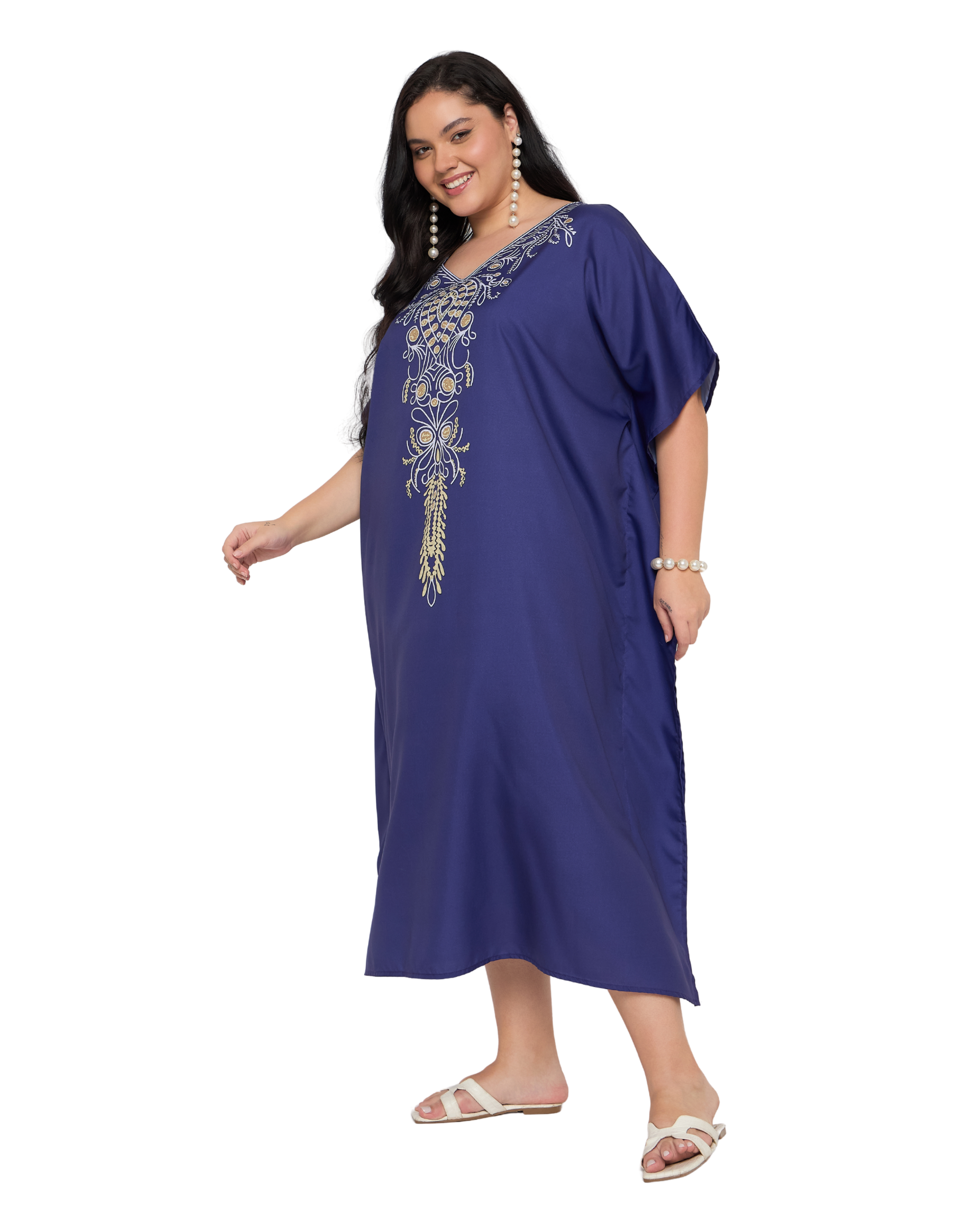 Royal Blue Floral Polyester Women Plus Size Kaftan Dress Cover Up