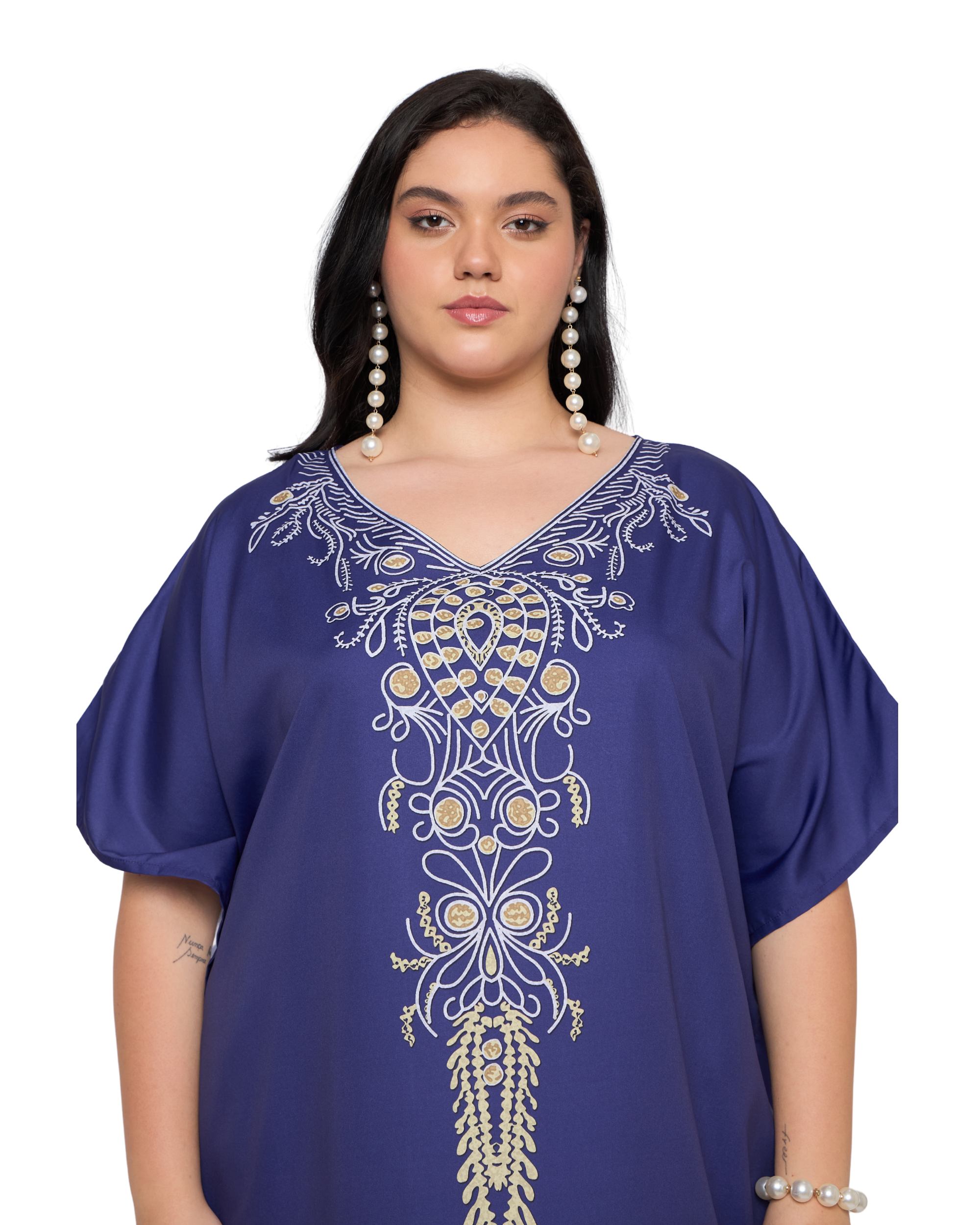 Royal Blue Floral Polyester Women Plus Size Kaftan Dress Cover Up