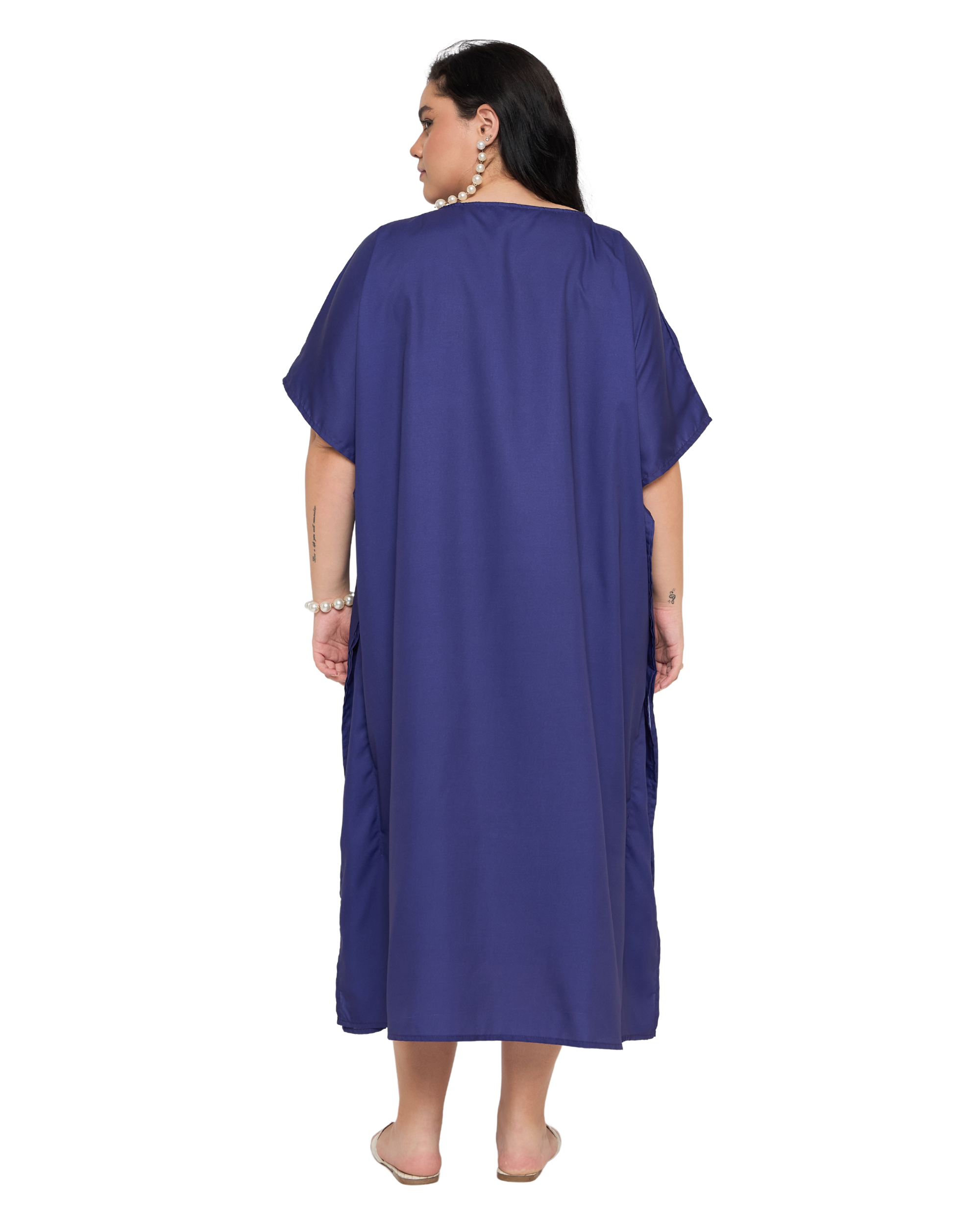 Royal Blue Floral Polyester Women Plus Size Kaftan Dress Cover Up