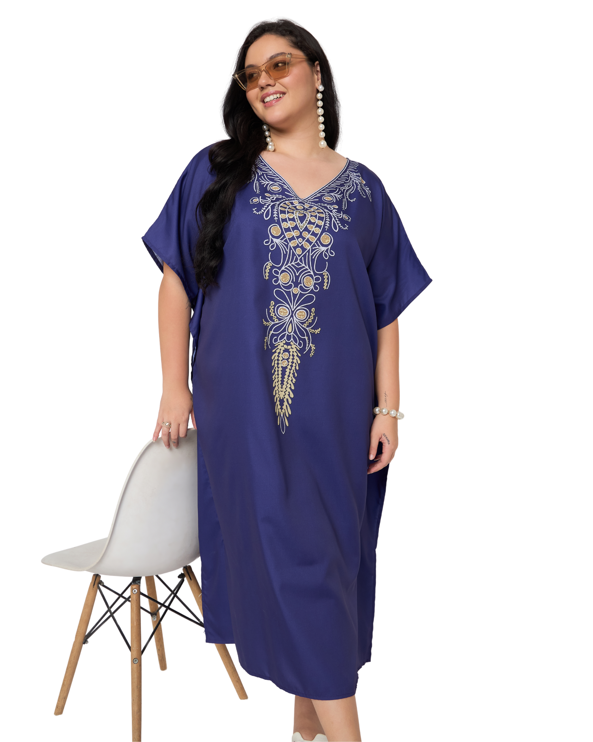 Royal Blue Floral Polyester Women Plus Size Kaftan Dress Cover Up