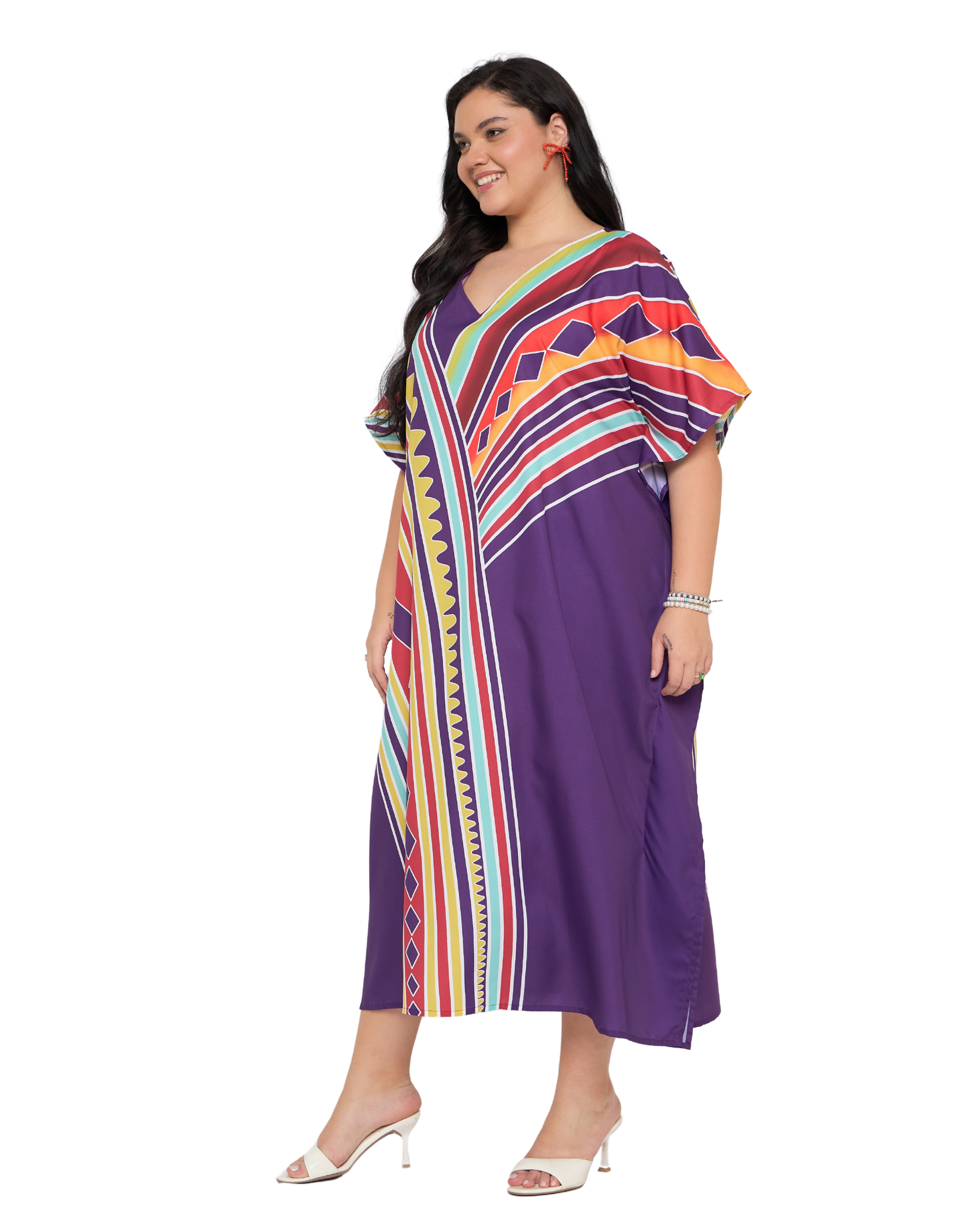 Deep Purple Geometric Polyester Women Plus Size Elegant Caftan Dress