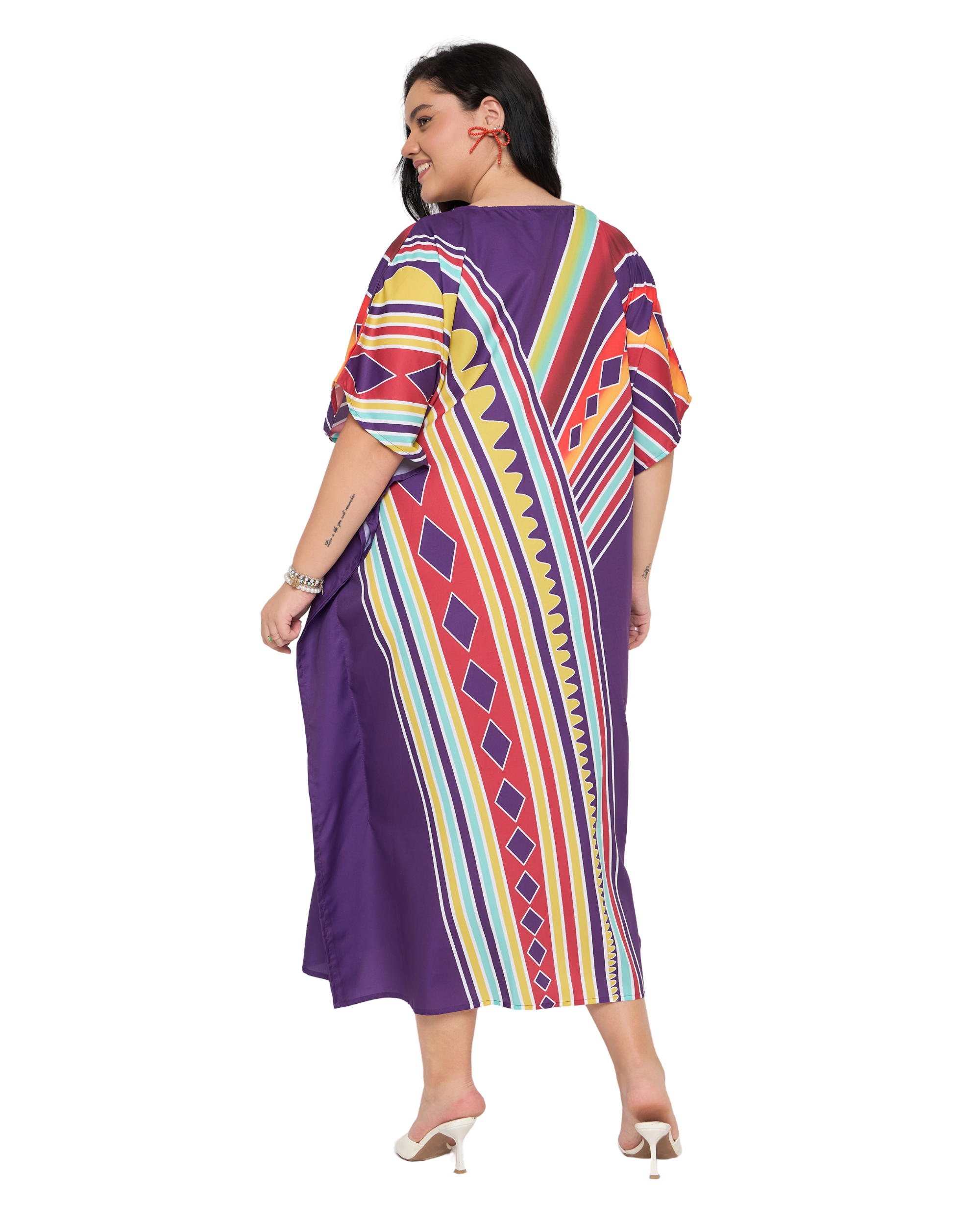 Deep Purple Geometric Polyester Women Plus Size Elegant Caftan Dress