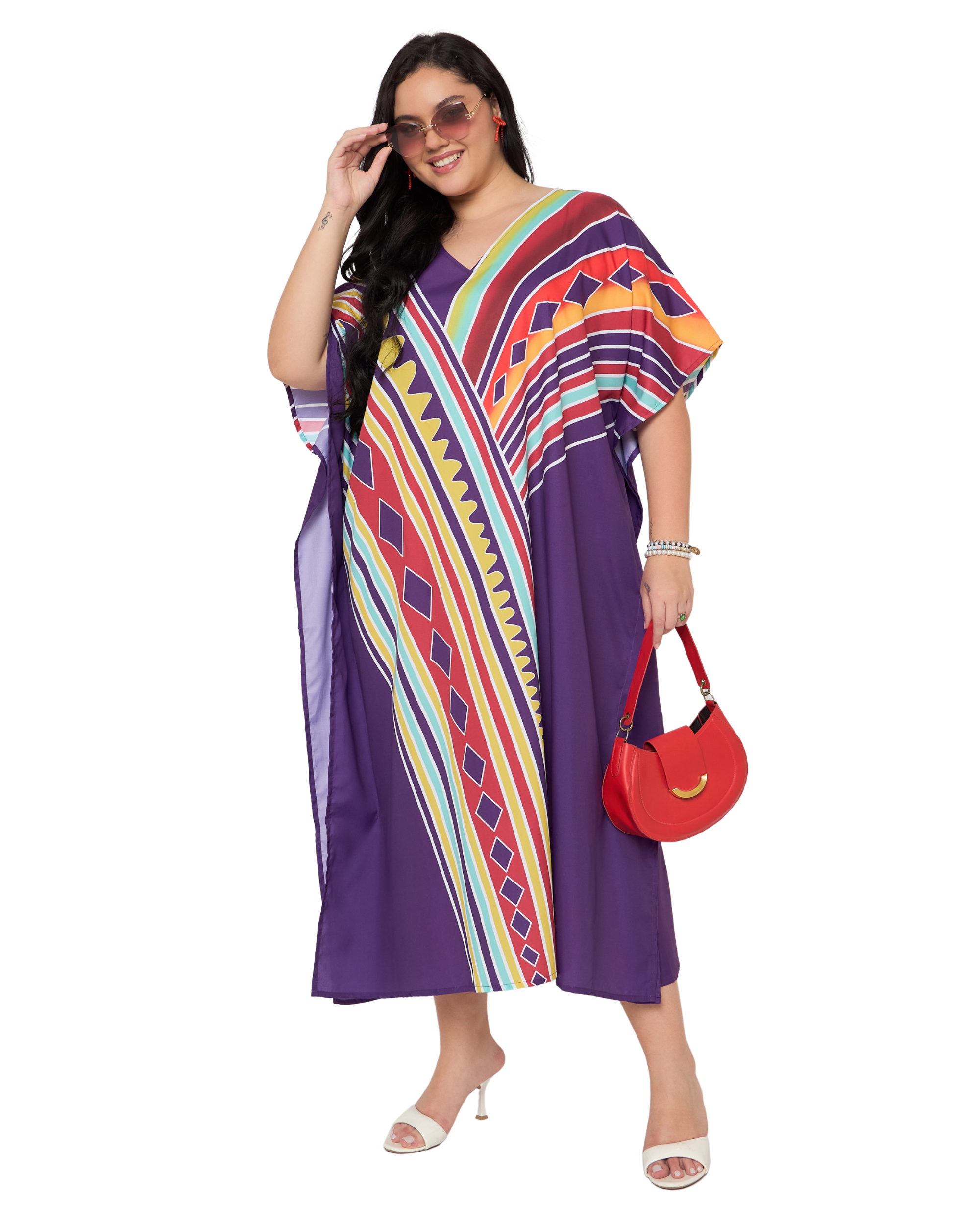 Deep Purple Geometric Polyester Women Plus Size Elegant Caftan Dress