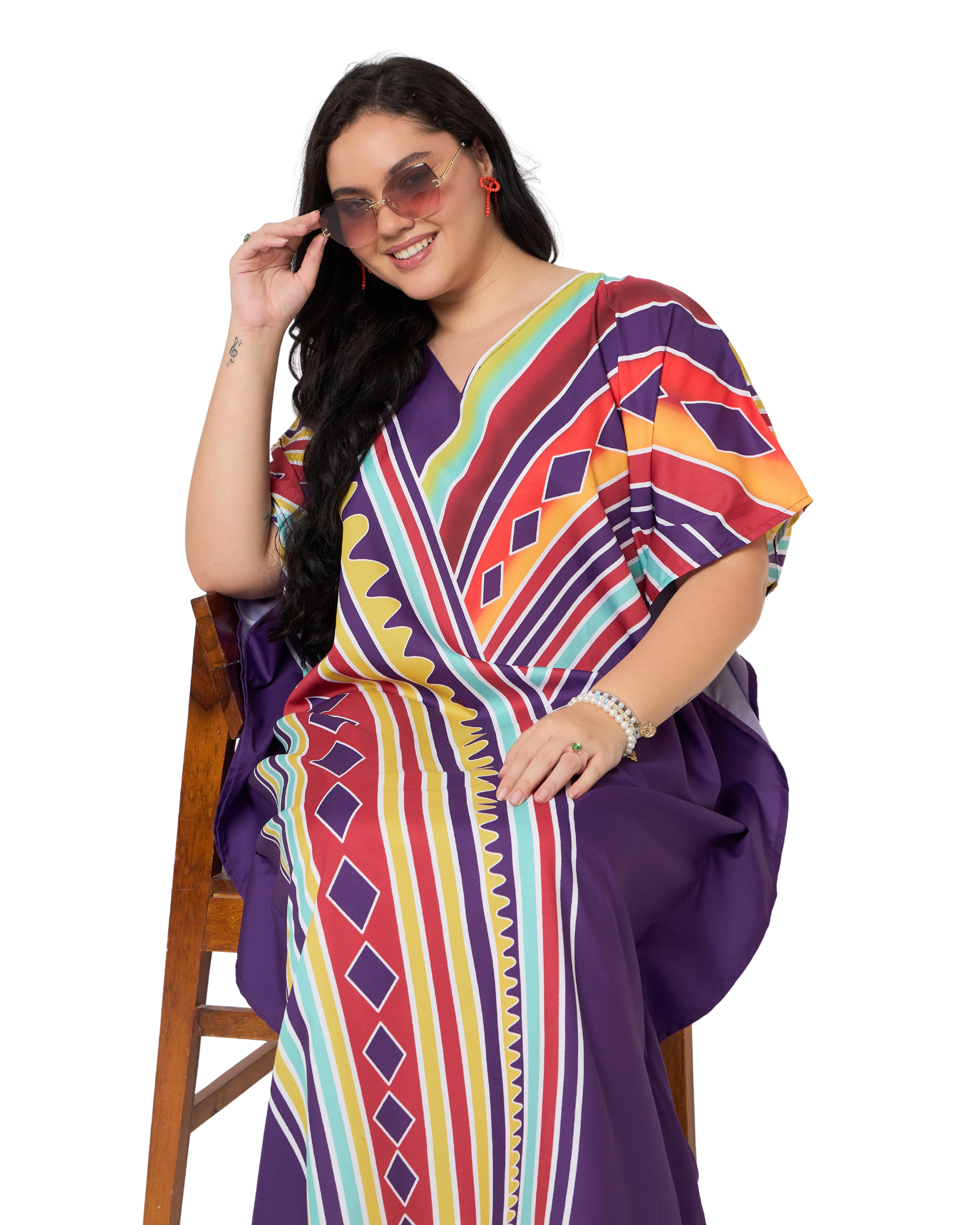 Deep Purple Geometric Polyester Women Plus Size Elegant Caftan Dress