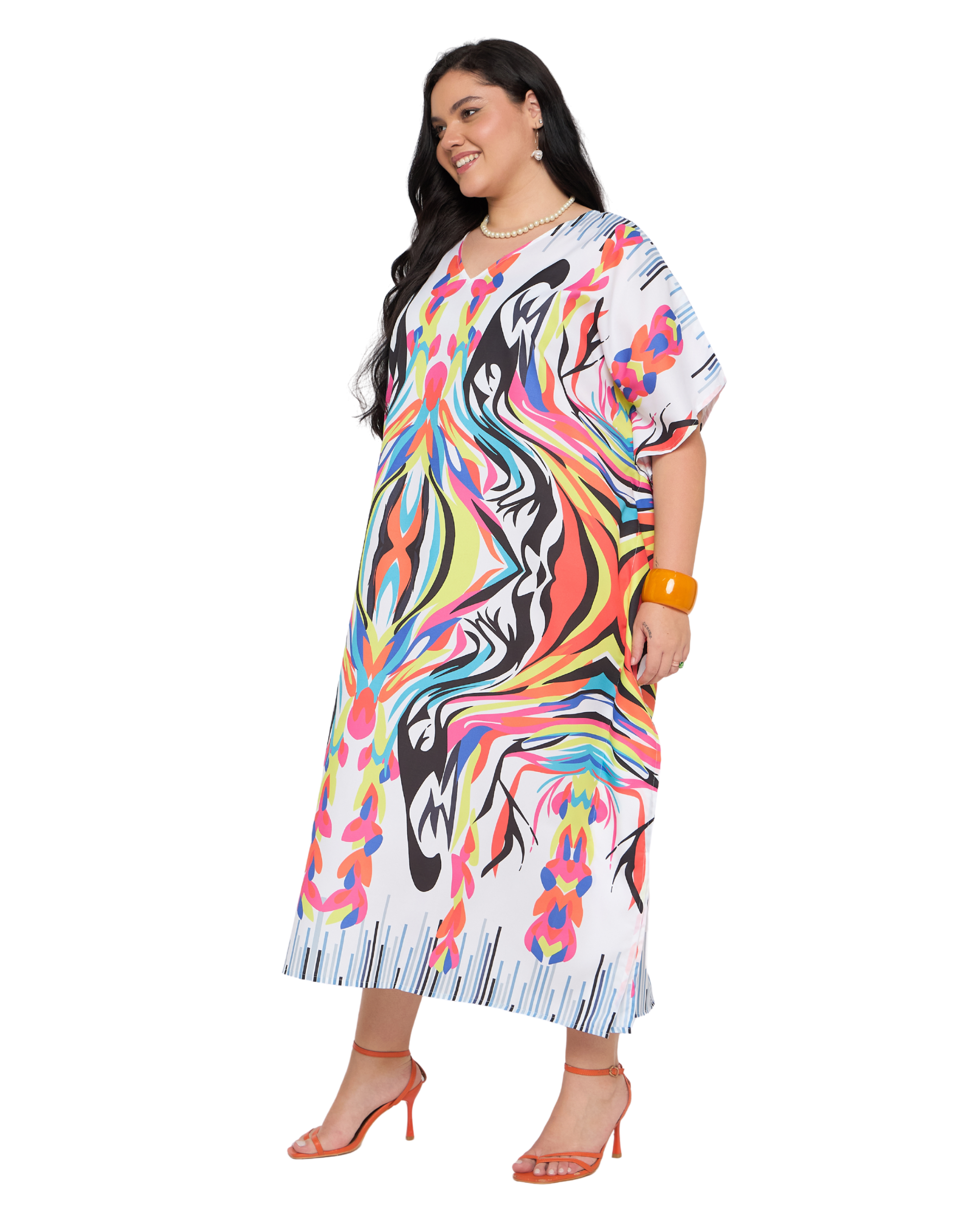 White Abstract Polyester Plus Size Kaftan Evening Dress for Women