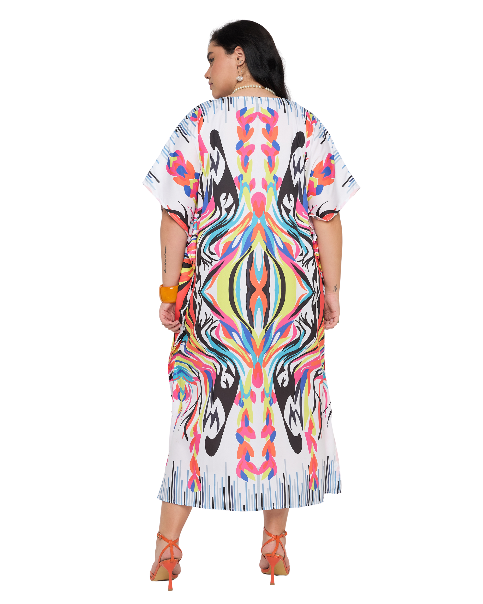 White Abstract Polyester Plus Size Kaftan Evening Dress for Women