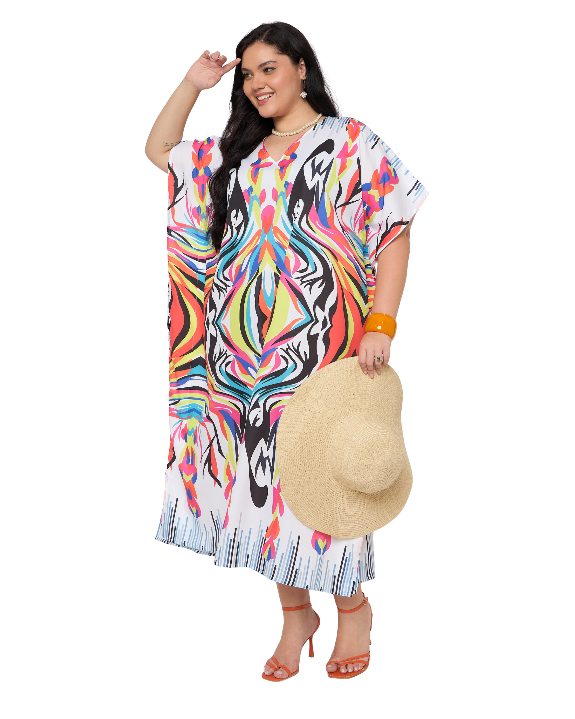 White Abstract Polyester Plus Size Kaftan Evening Dress for Women