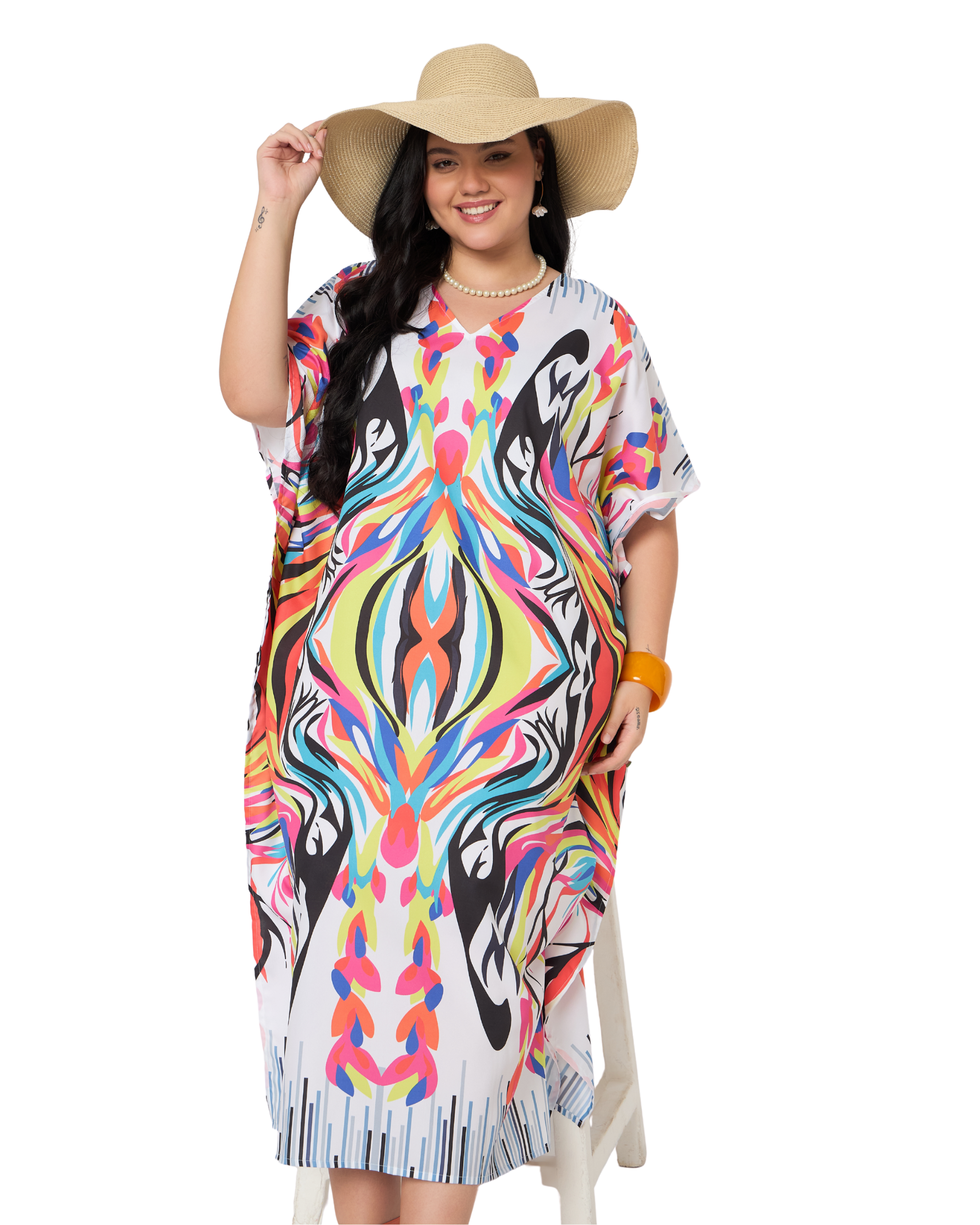 White Abstract Polyester Plus Size Kaftan Evening Dress for Women