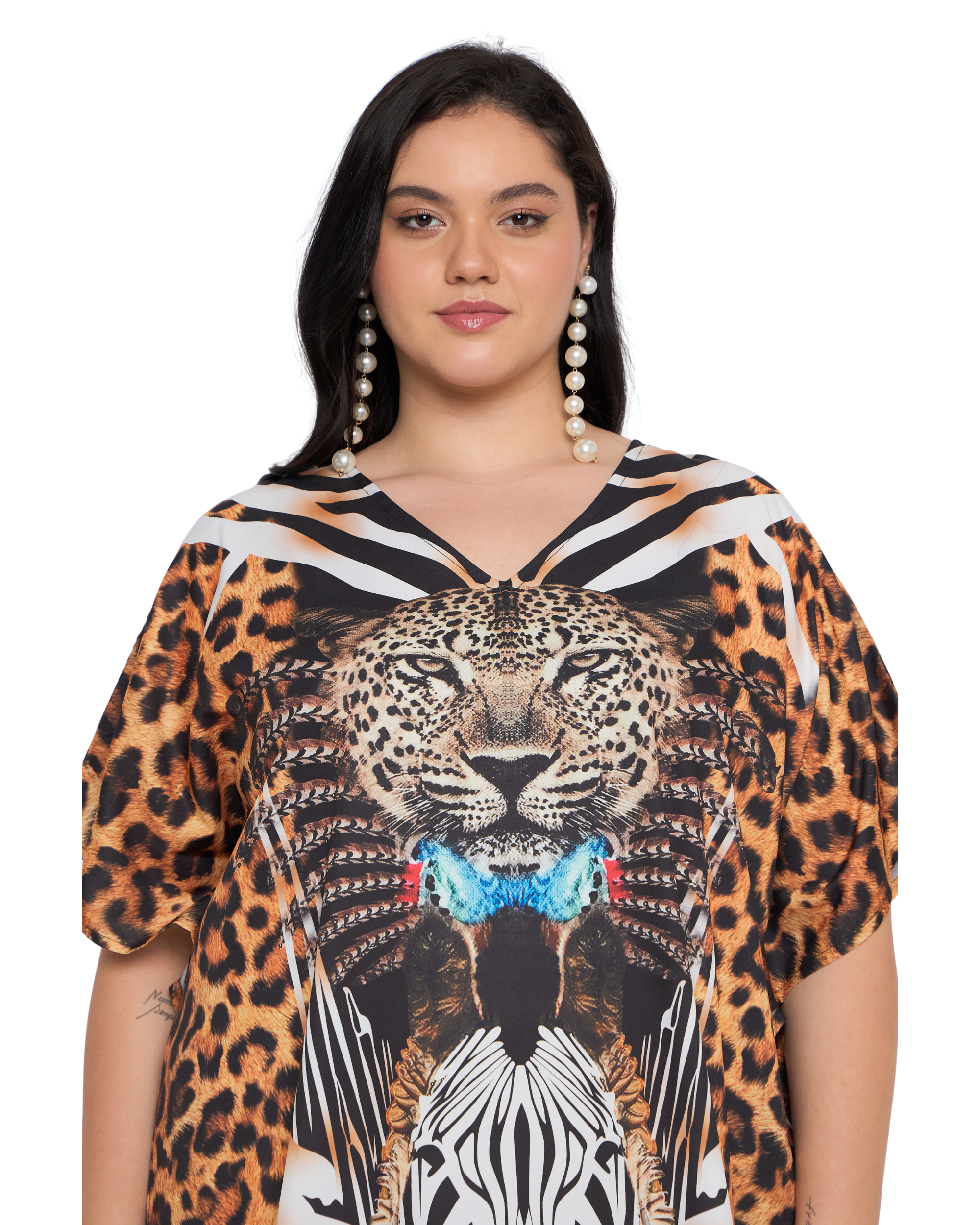 Black & White Animal Print Polyester Plus Size Caftan Dress for Women