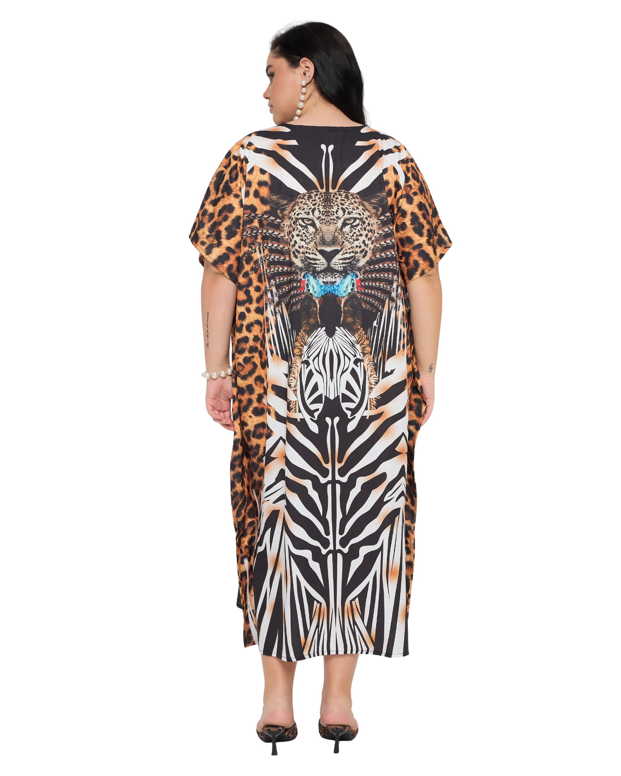 Black & White Animal Print Polyester Plus Size Caftan Dress for Women