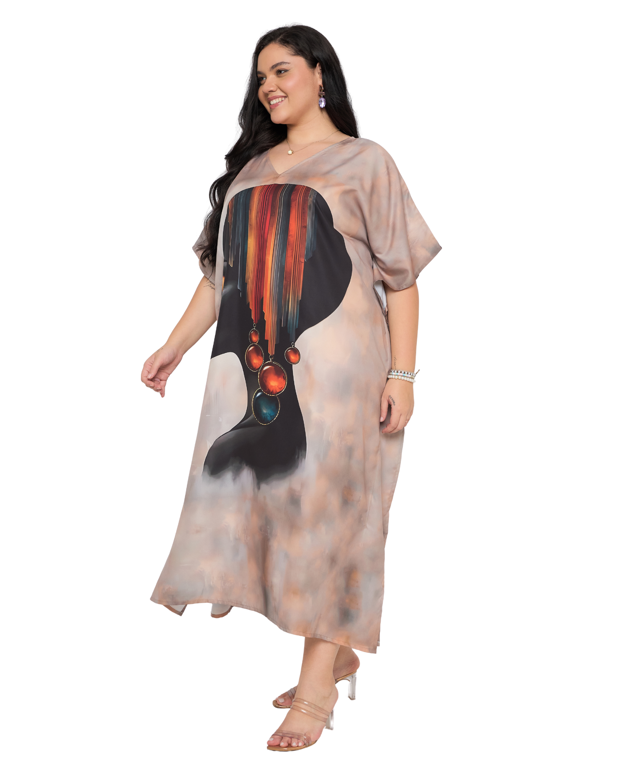 Beige Lady Face Polyester Women Plus Size Kaftan Gown