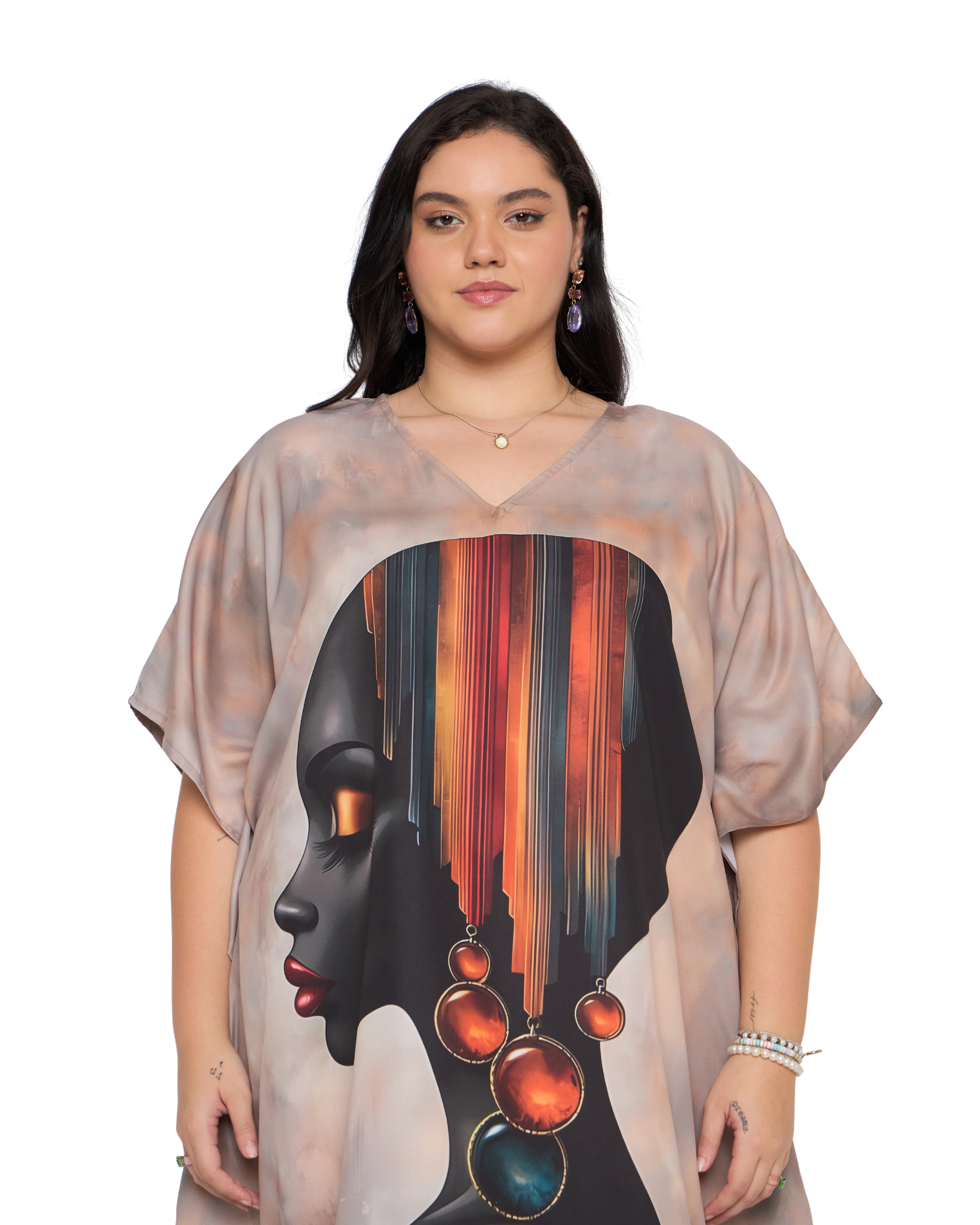 Beige Lady Face Polyester Women Plus Size Kaftan Gown