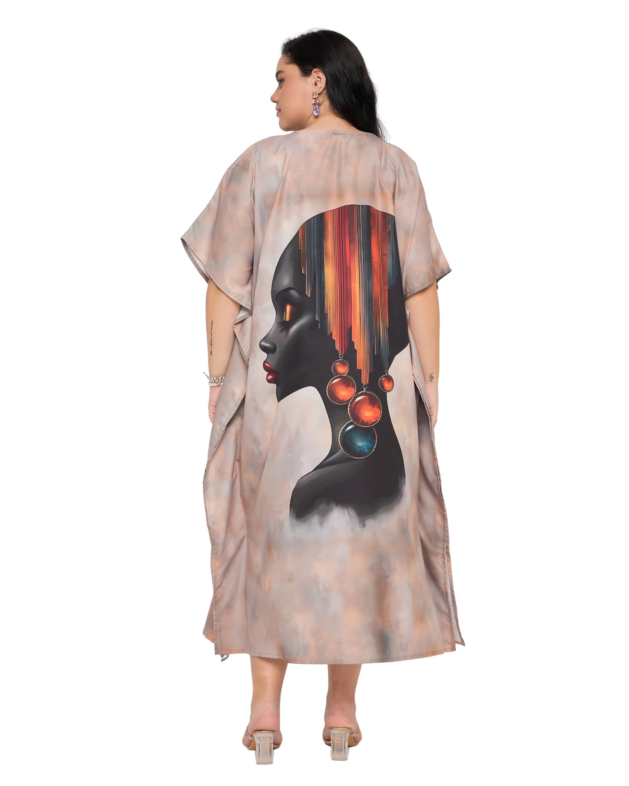Beige Lady Face Polyester Women Plus Size Kaftan Gown