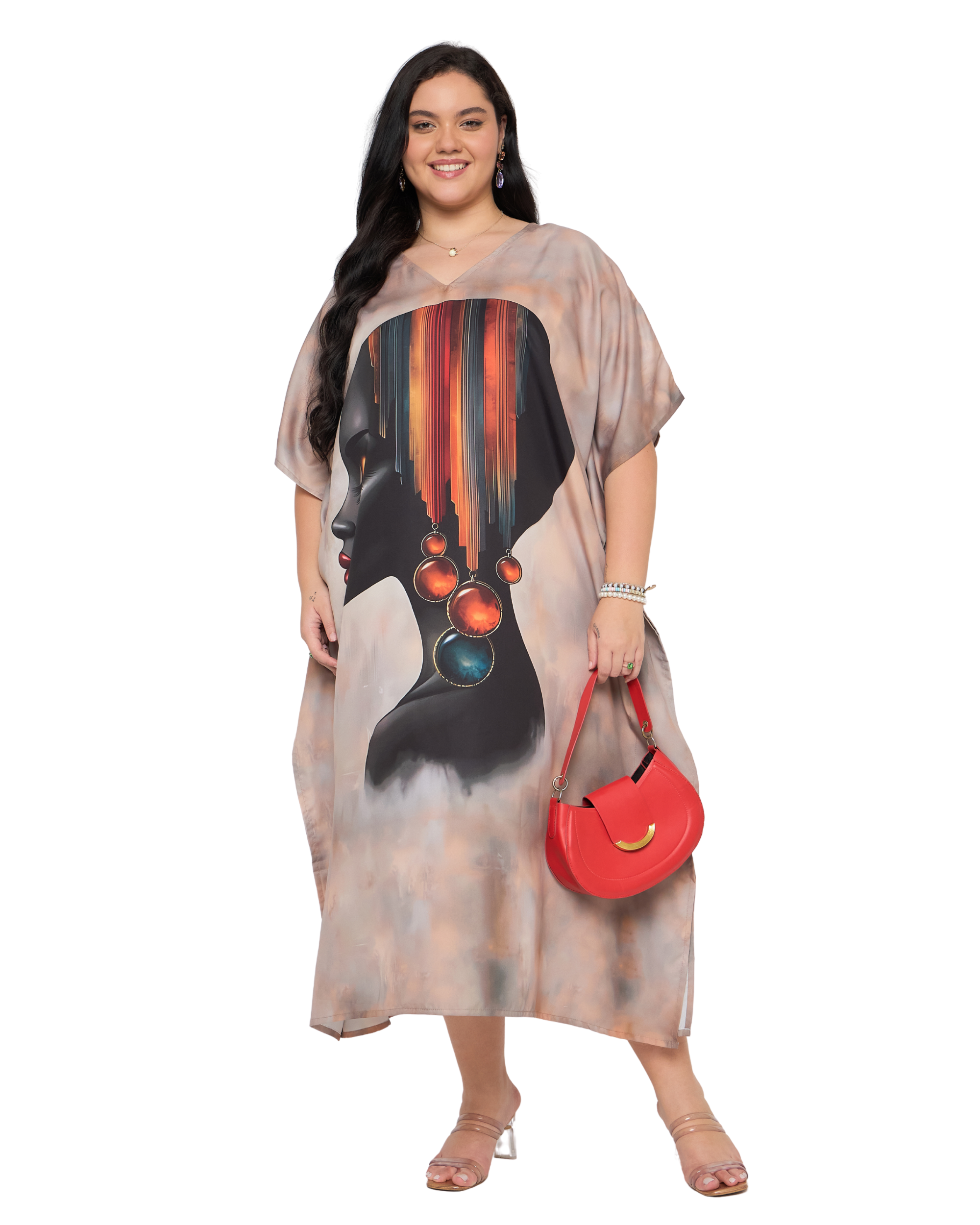 Beige Lady Face Polyester Women Plus Size Kaftan Gown