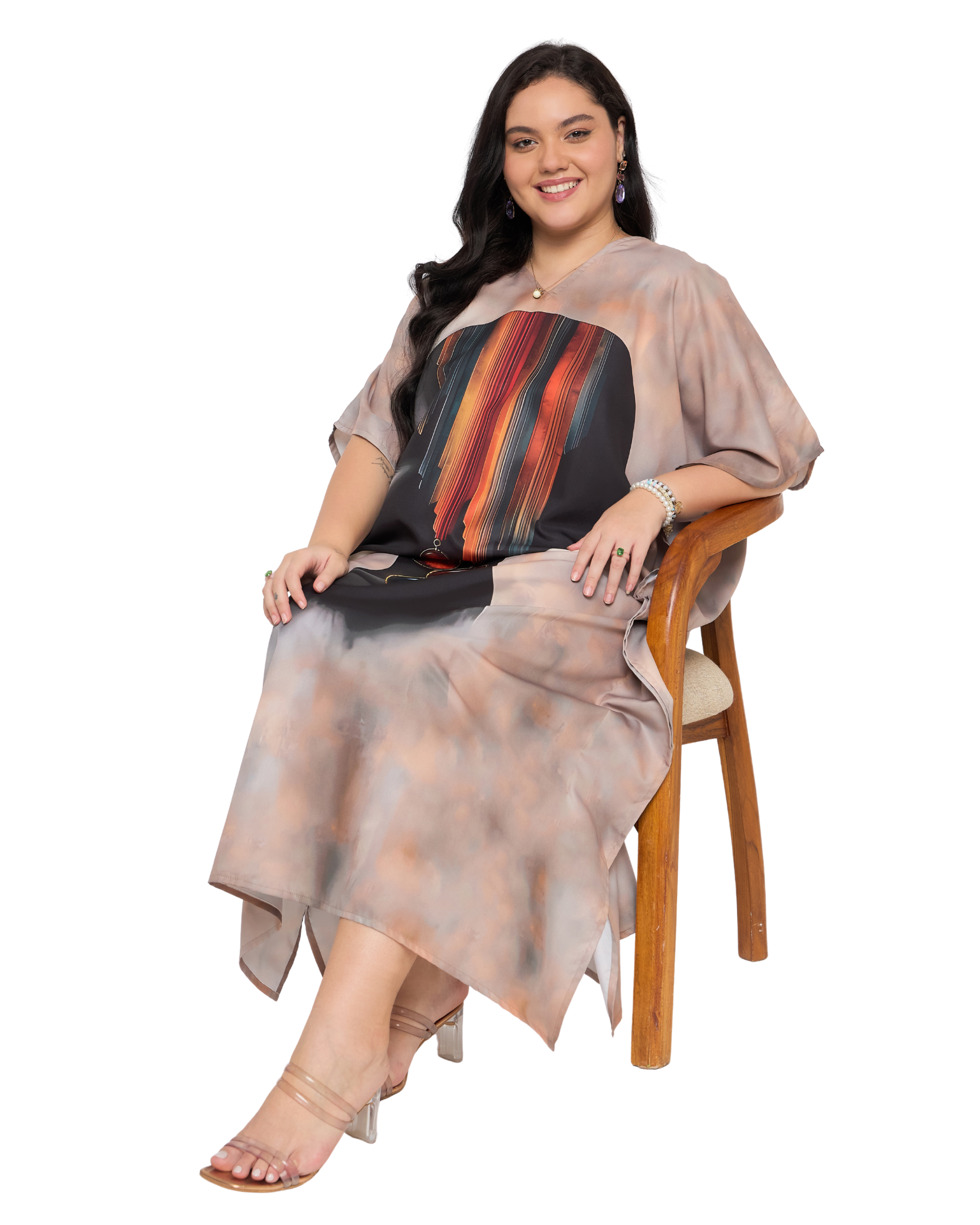 Beige Lady Face Polyester Women Plus Size Kaftan Gown