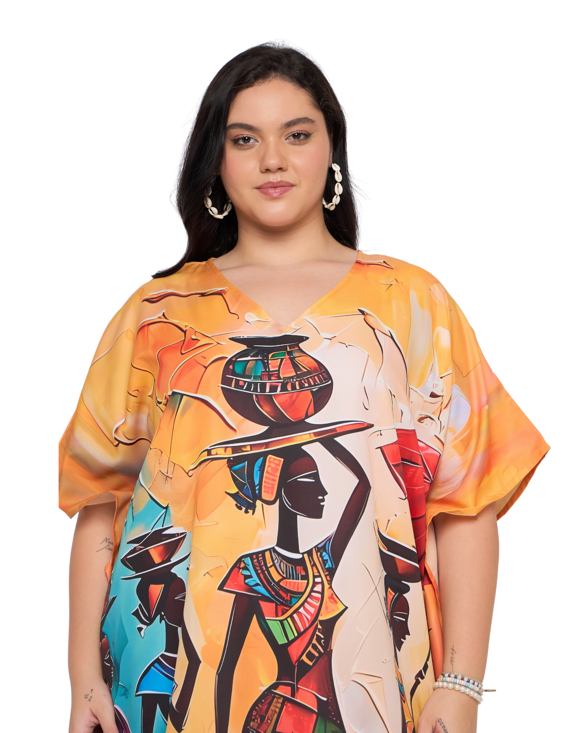 Warm Orange Tribal Polyester Women Plus Size Caftan