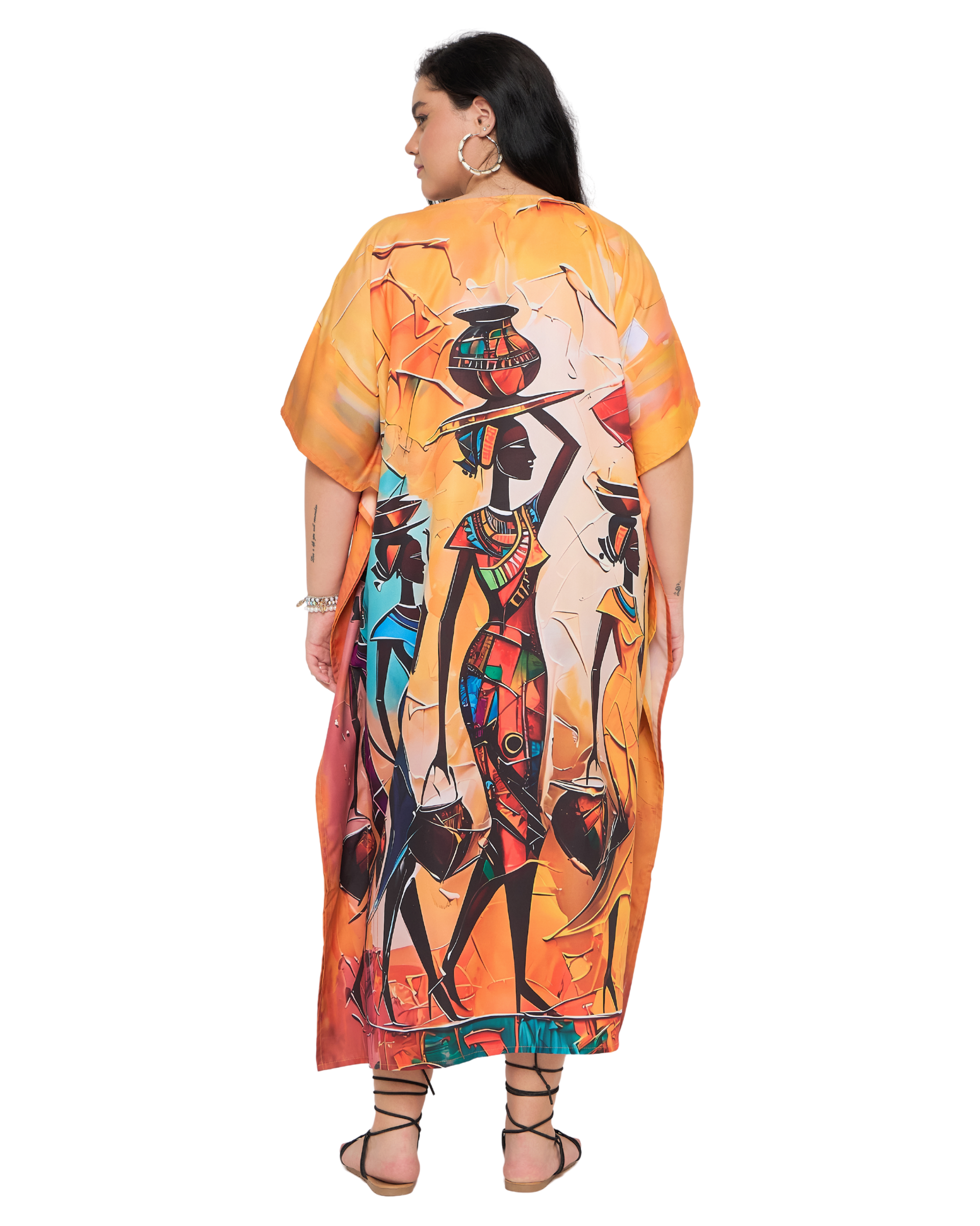 Warm Orange Tribal Polyester Women Plus Size Caftan