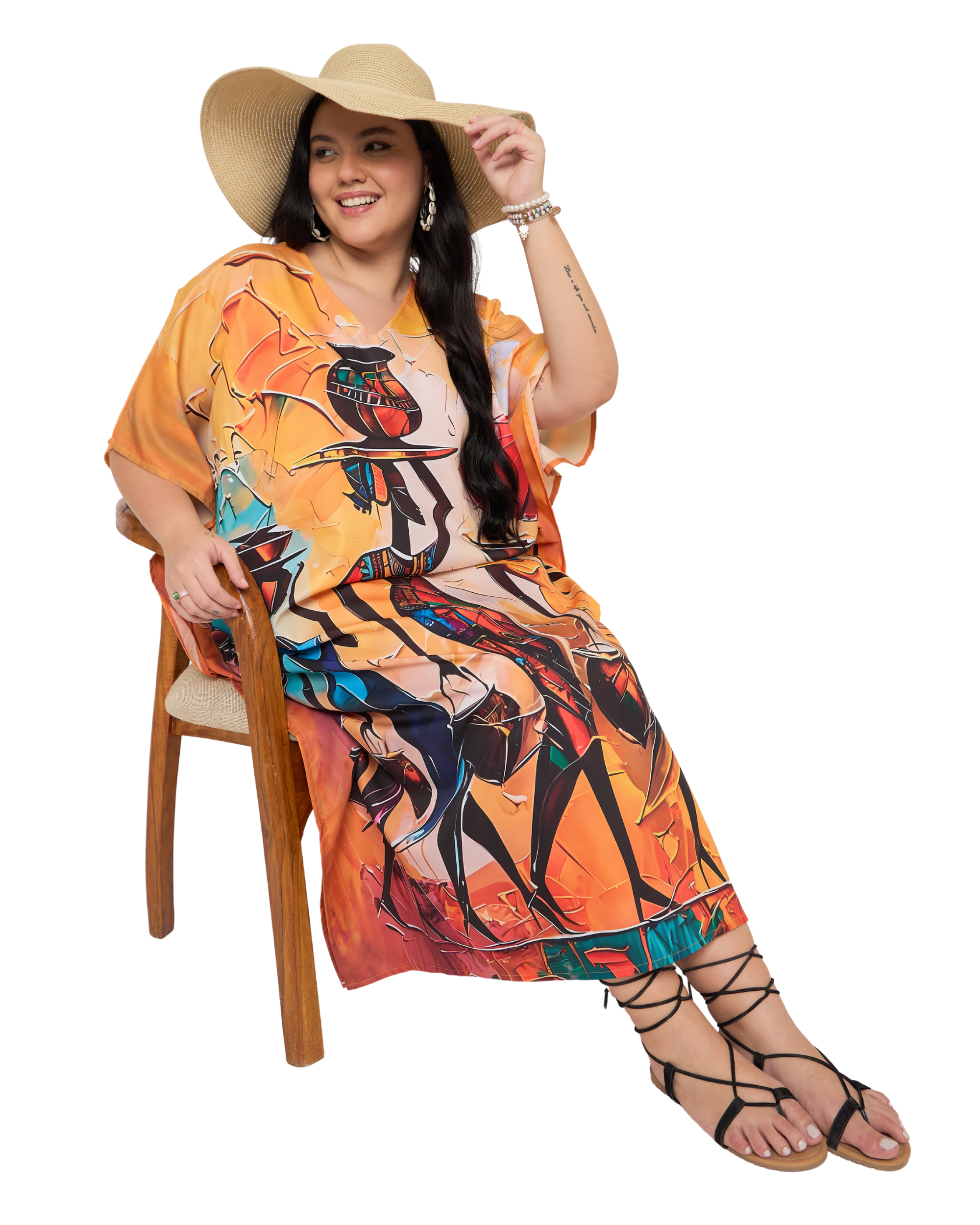 Warm Orange Tribal Polyester Women Plus Size Caftan