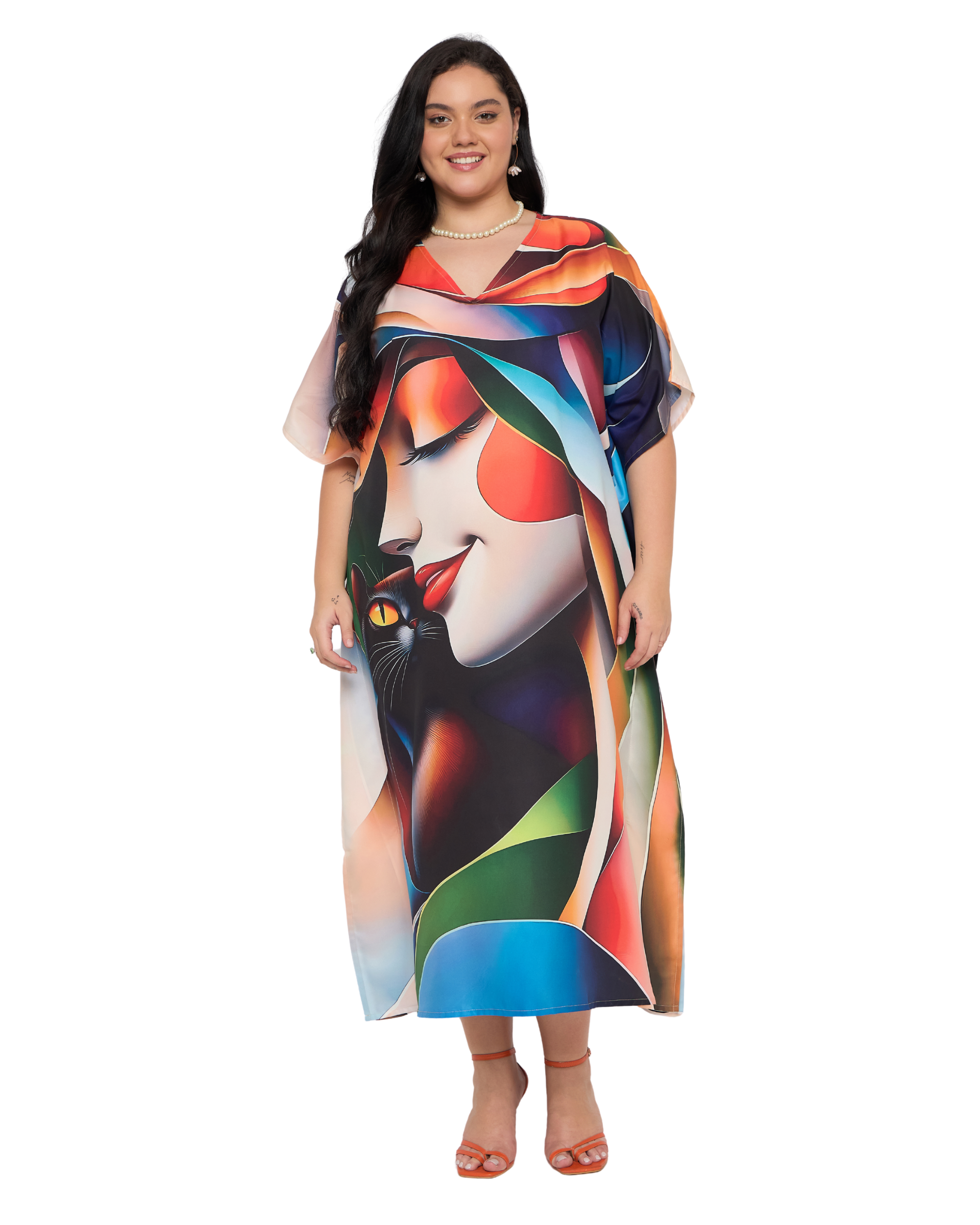 Beige Lady Face Polyester Plus Size Kaftan Dress for Women
