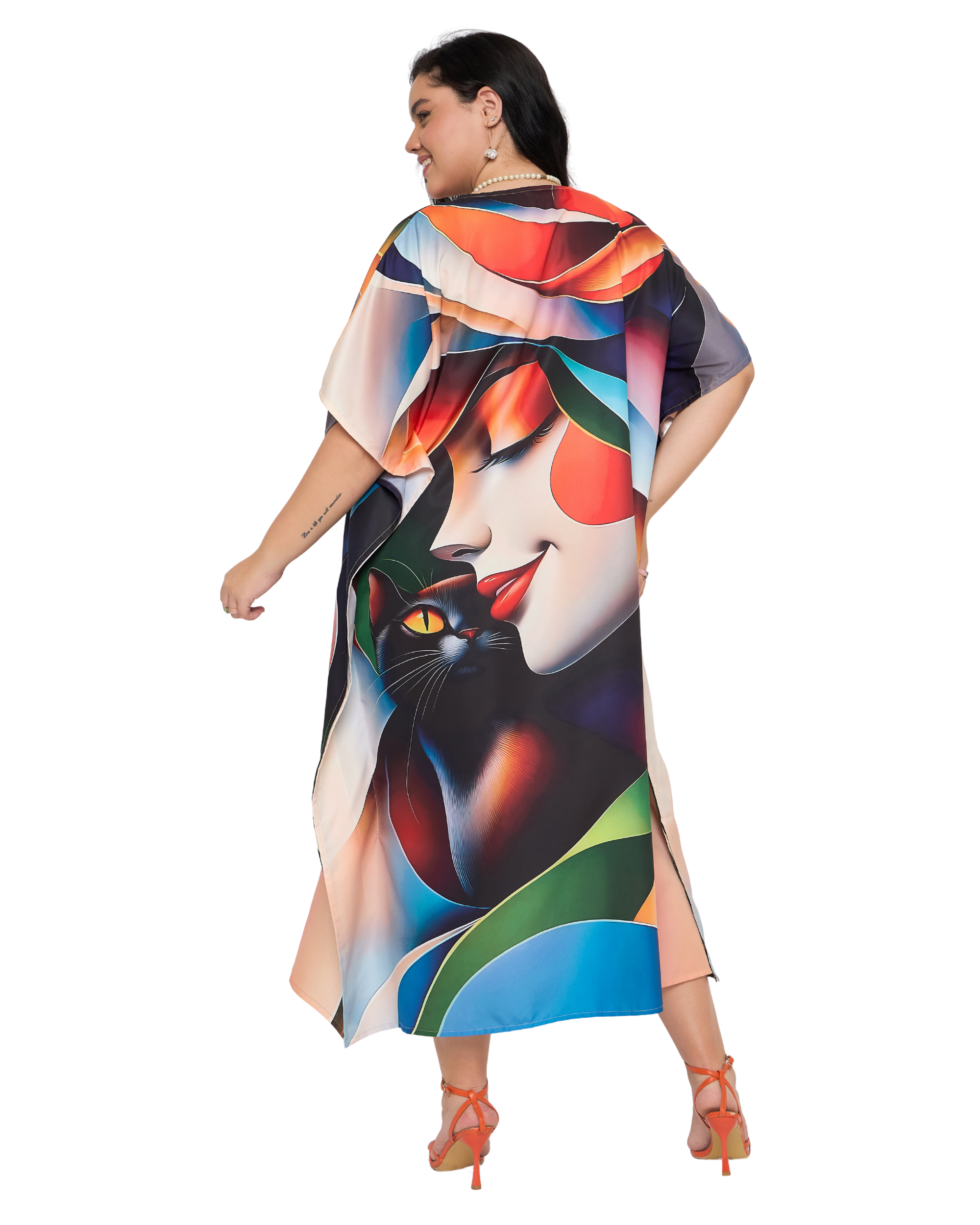 Beige Lady Face Polyester Plus Size Kaftan Dress for Women