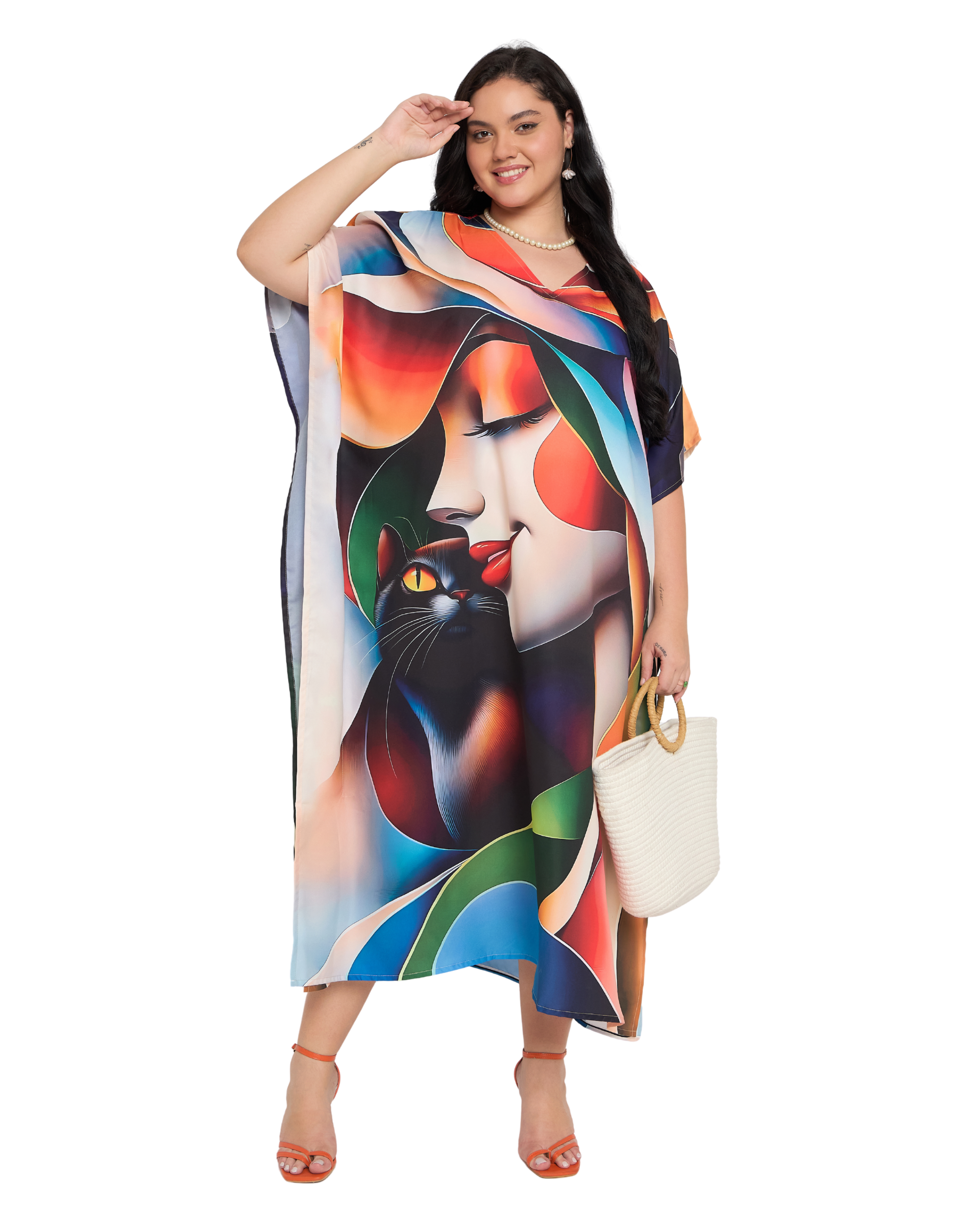 Beige Lady Face Polyester Plus Size Kaftan Dress for Women
