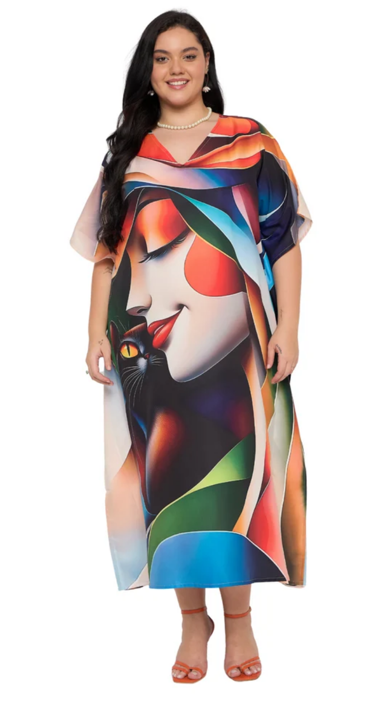 Beige Abstract Cubist Polyester Plus Size Kaftan for Women 1X-3X | GypsieBlu