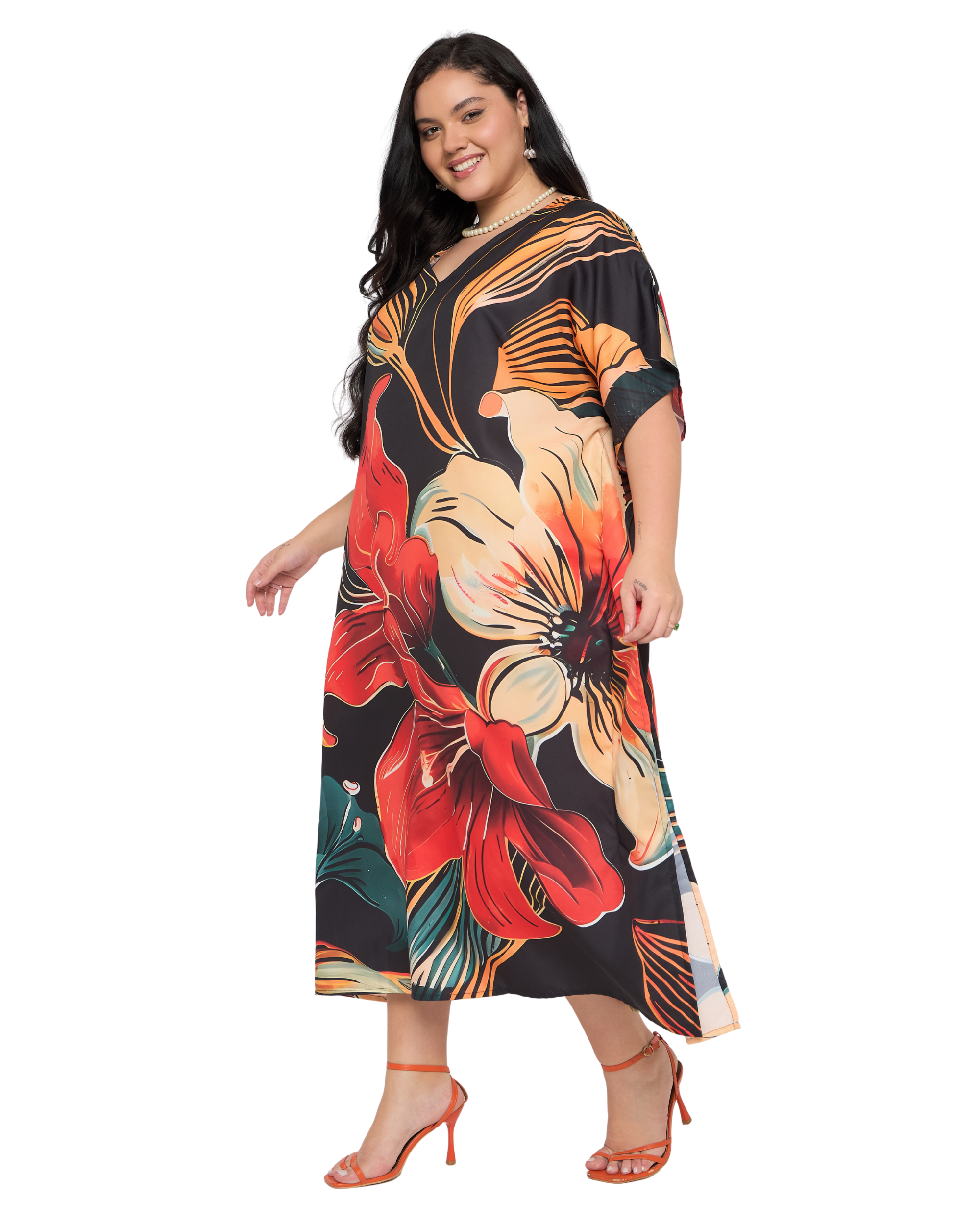 Black Floral Polyester Plus Size Caftan Dress for Women