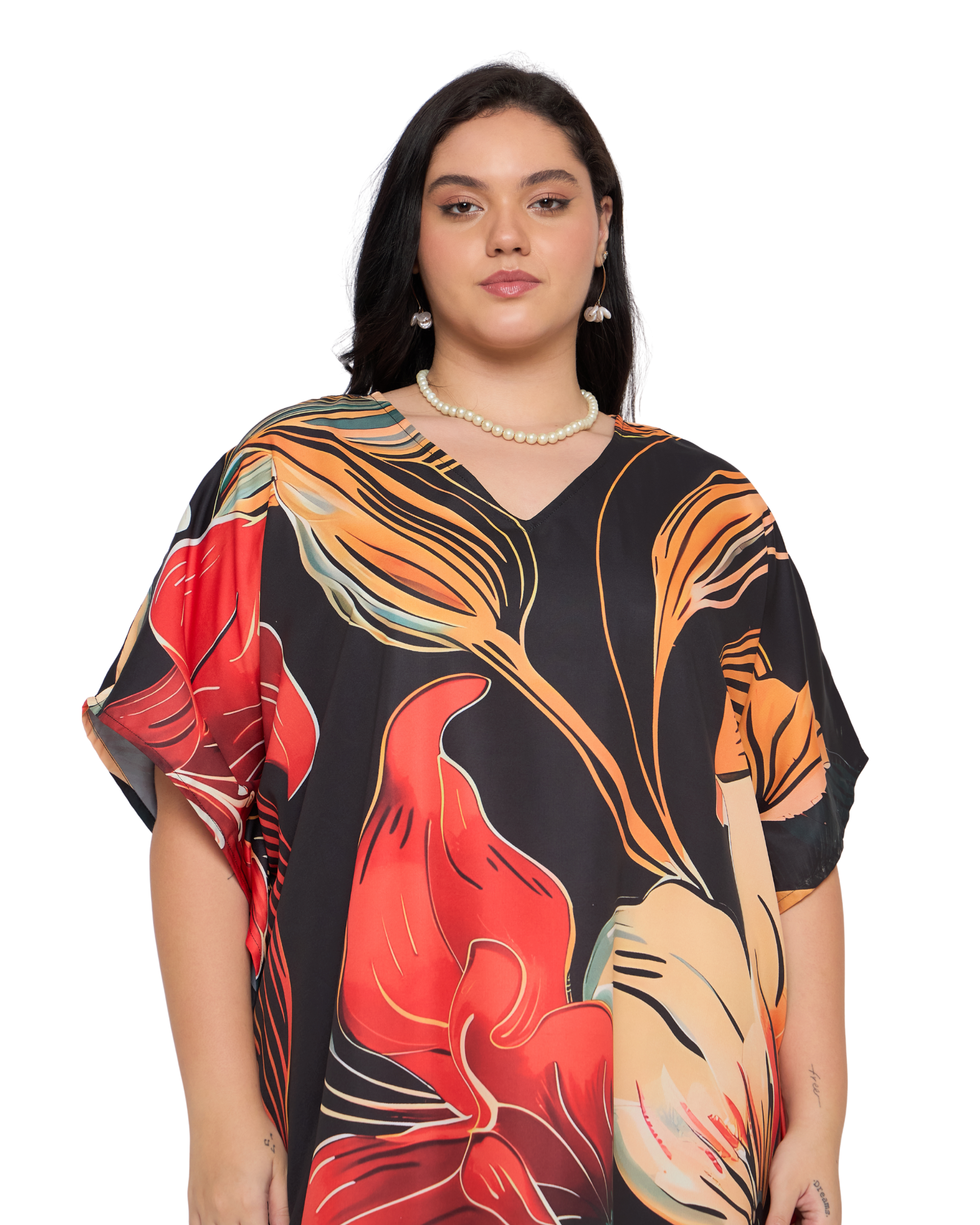 Black Floral Polyester Plus Size Caftan Dress for Women
