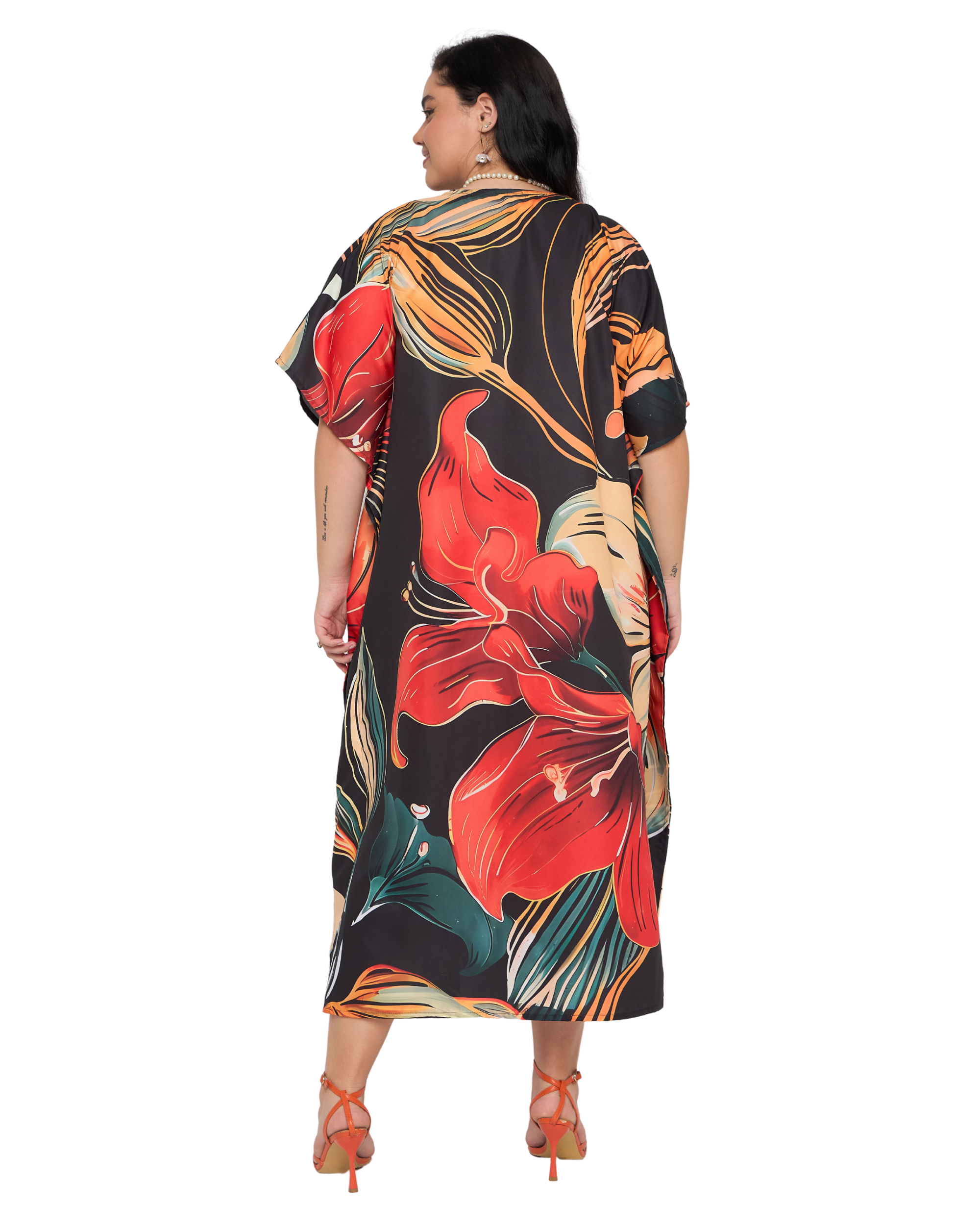 Black Floral Polyester Plus Size Caftan Dress for Women