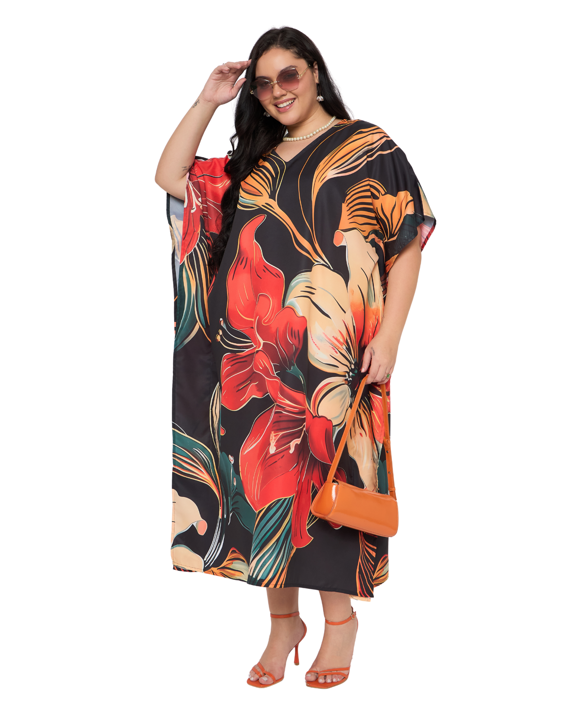Black Floral Polyester Plus Size Caftan Dress for Women