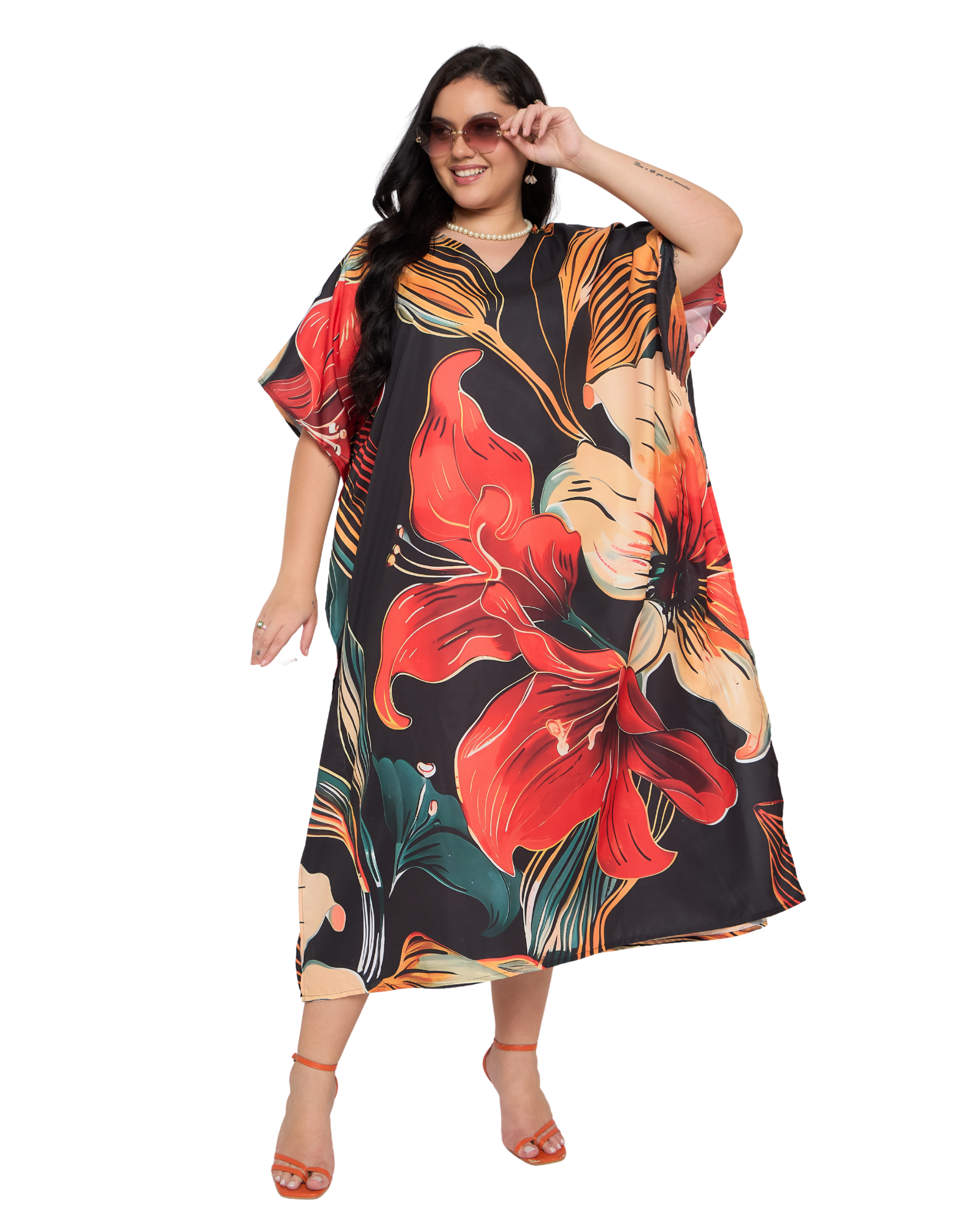 Black Floral Polyester Plus Size Caftan Dress for Women