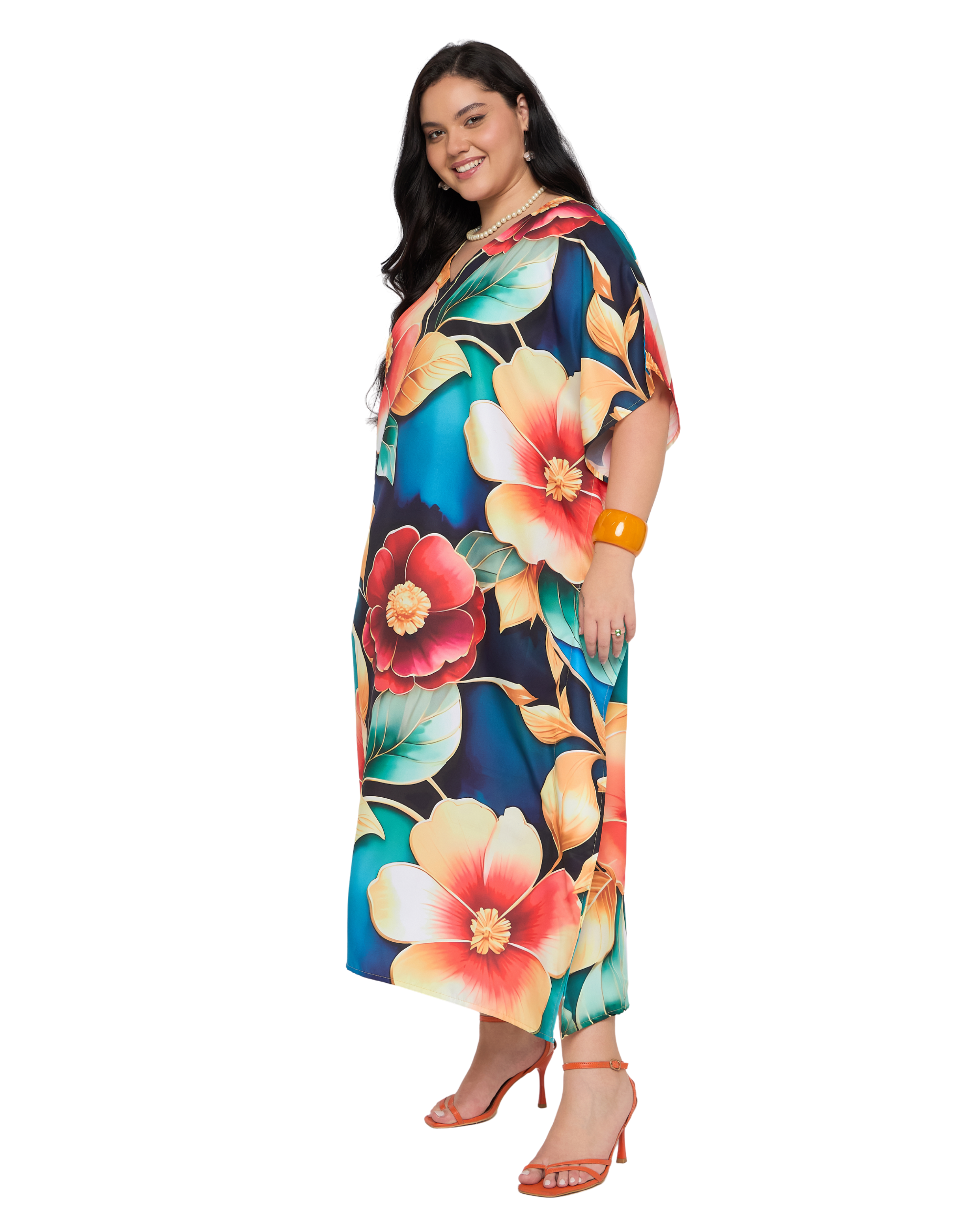 Navy Blue Floral Polyester Women Plus Size Kaftan Night Dress